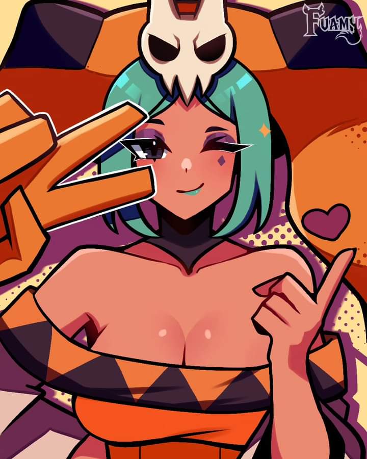 big_breasts cerebella dark-skinned_female fuamyero green_hair skullgirls smile tagme