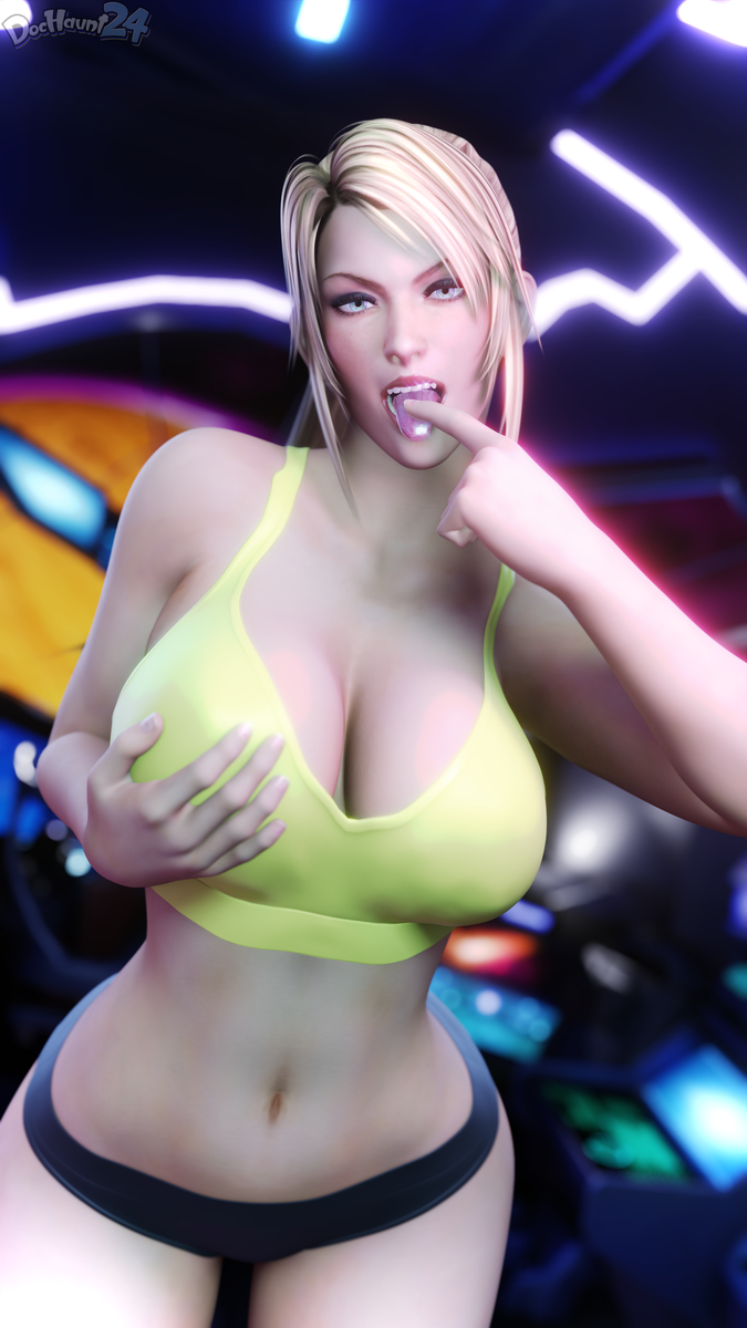 3d, bimbo, blonde hair, breasts, dochaunt24, female, gym clothes, hand on breast, large breasts, metroid, navel, ponytail, samus aran, spaceship, sports bra, tongue, tongue out, wide hips