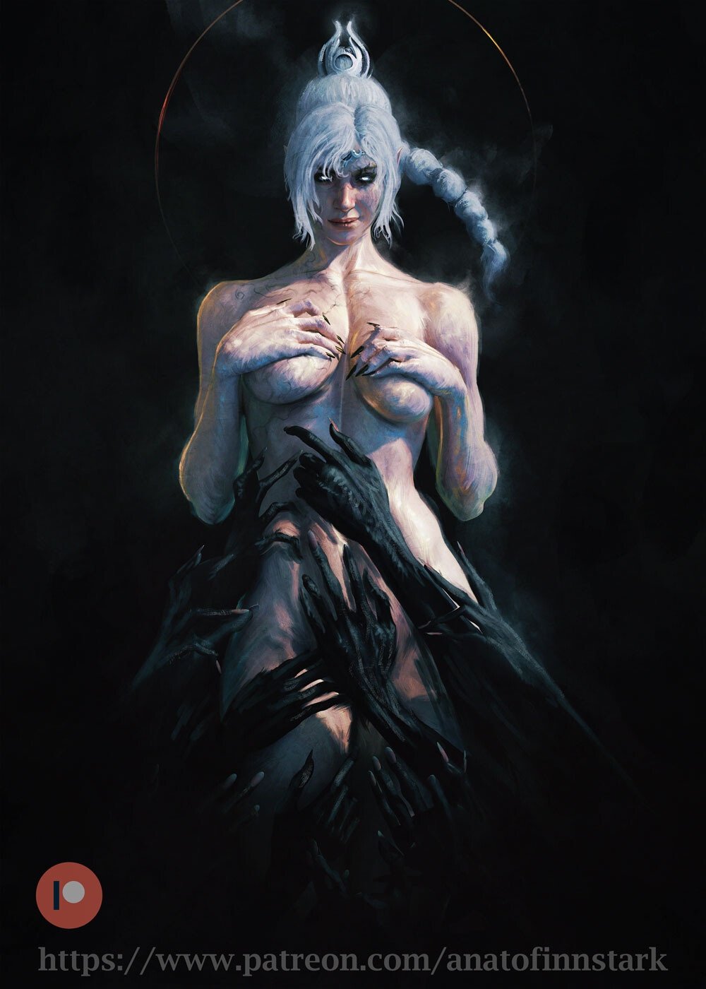 1girls anato_finnstark artistic_nude baldur's_gate baldur's_gate_3 big_breasts convenient_censoring covered_nipples dungeons_and_dragons female female_only forgotten_realms half-elf hands_on_breasts light-skinned_female painting_(artwork) shadowheart tasteful_nudity white_hair