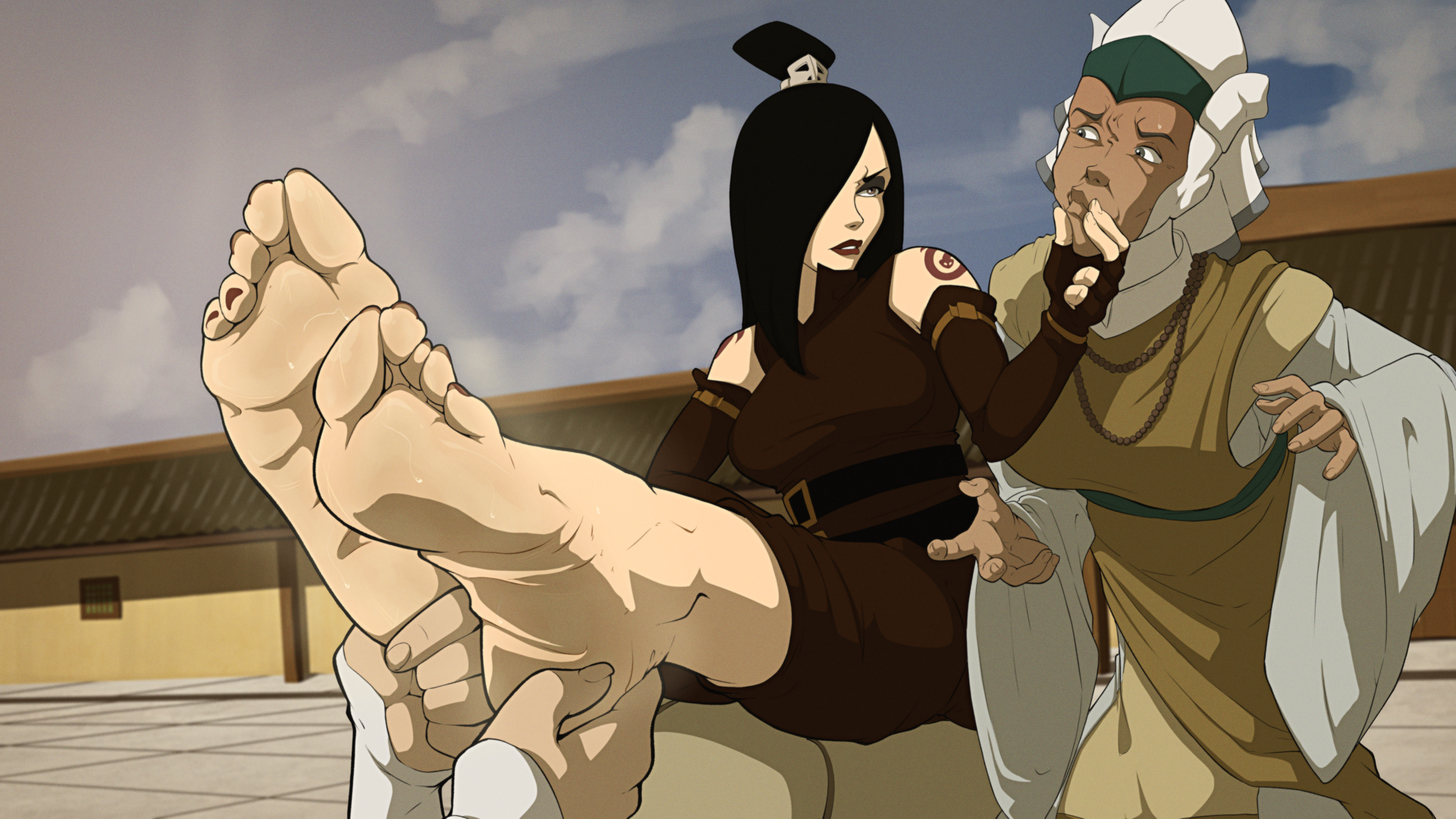 2023, 3girls, absurd res, alternate version at source, arm tattoo, avatar legends, avatar the last airbender, barefoot, black hair, breasts, brown eyes, chin grab, clothed, clothed female, clothes, clothing, dark skin, dark-skinned female, dominant, dominant female, elbow gloves, eyeshadow, feet, feet up, female, female only, female/female, femdom, fingerless gloves, foot focus, foot grab, front view, full body, fully clothed, gloves, grabbing another's chin, hair, hair over one eye, hand on chin, head grab, hi res, holding feet, human, human only, interracial, june (avatar), kiryu-sketchbook, legs together, lesbian, light skin, light-skinned female, lipstick, long hair, makeup, medium breasts, multiple females, multiple girls, musk, nickelodeon, nonbender, outdoors, red lipstick, red toenails, sitting, smelly feet, soles, sweat, sweatdrop, sweaty feet, tattoo, toe curl, toenail polish, toes, topknot, trio, yuri