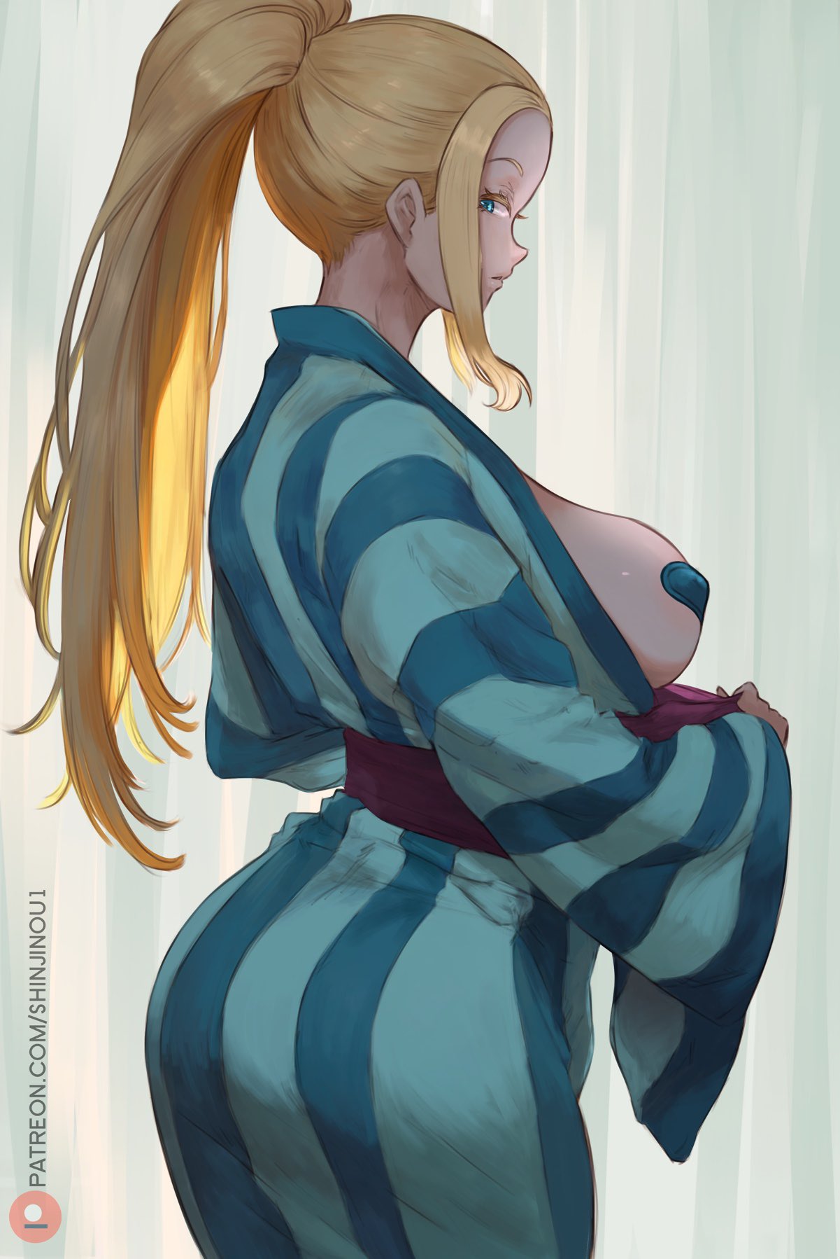 1girls, asian clothing, bathrobe, beatrix amerhauser, blonde hair, blonde-haired female, blue eyes, breasts, female, female only, high resolution, kimono, looking at viewer, shinjinou, solo, white female, zom 100: zombie ni naru made ni shitai 100 no koto