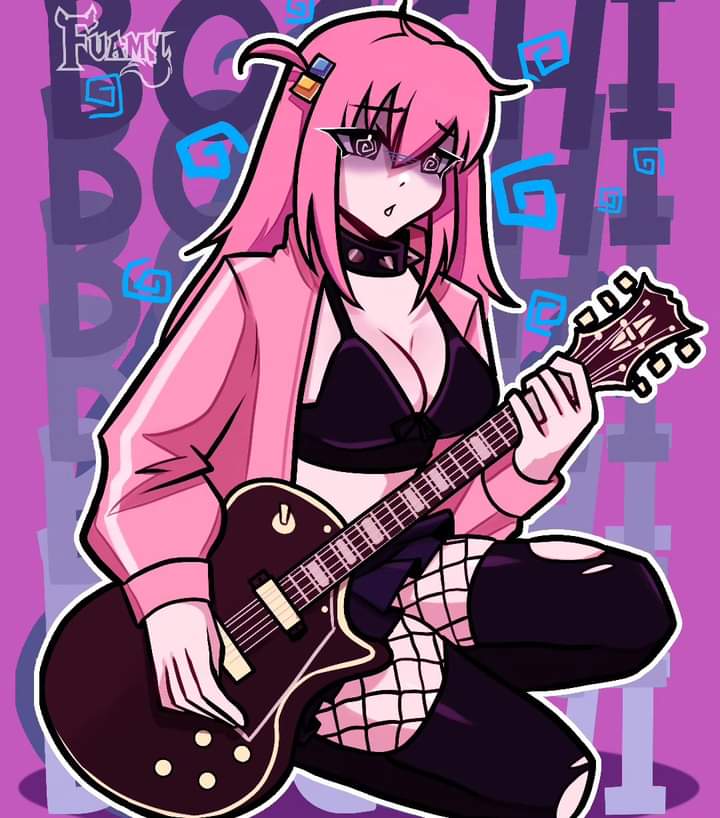 big_breasts bikini_top bocchi_the_rock! fishnets fuamyero gotou_hitori guitar les_paul pink_hair tagme