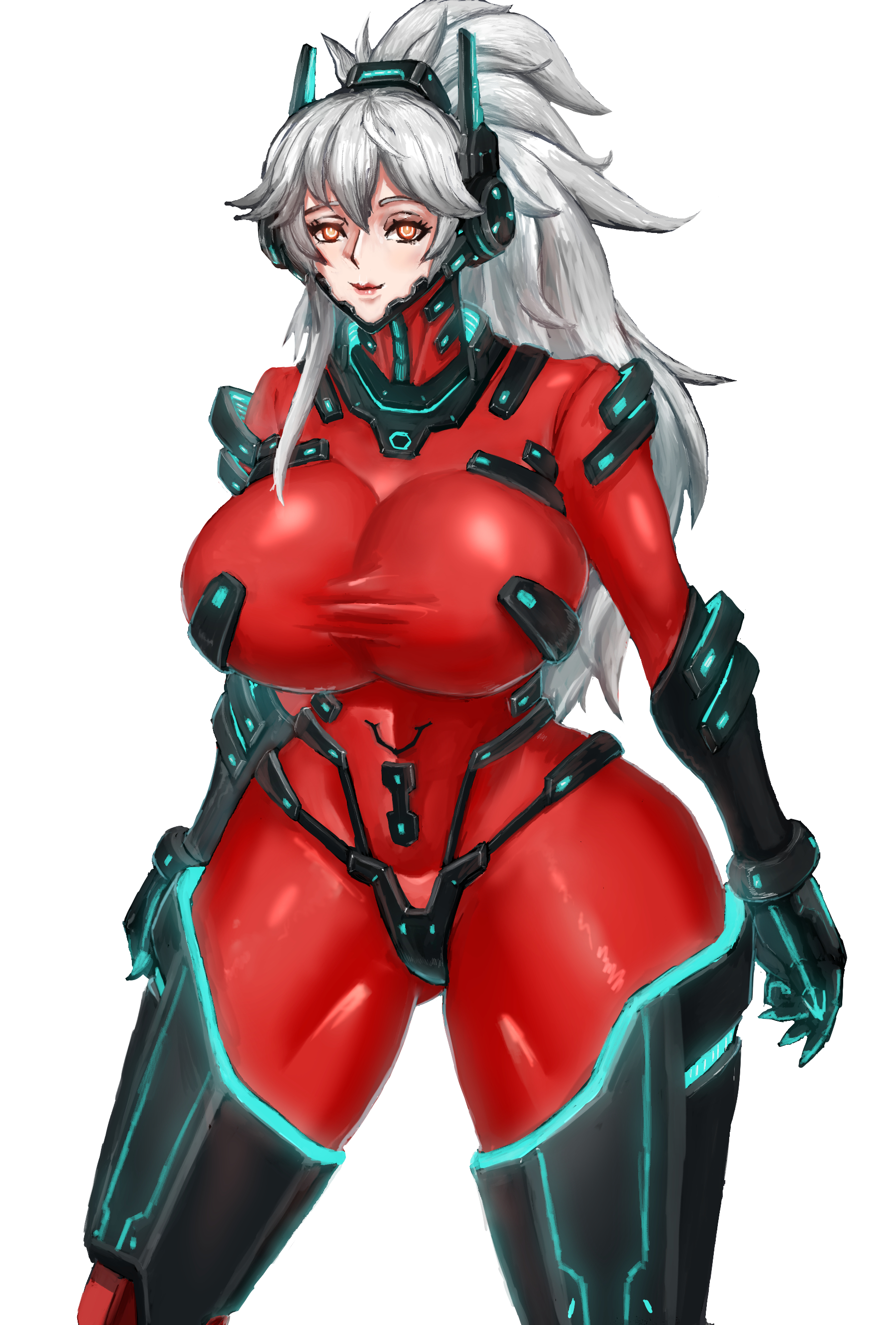 armor, big breasts, bodysuit, breasts, cybernetics, female, fully clothed, looking at viewer, red bodysuit, solo, solo female, streamer, thick thighs, tight clothing, tight fit, twitch, twitch.tv, virtual youtuber, vshojo, vtuber, white hair, yellow eyes, zentreya, zentreya (cyborg)