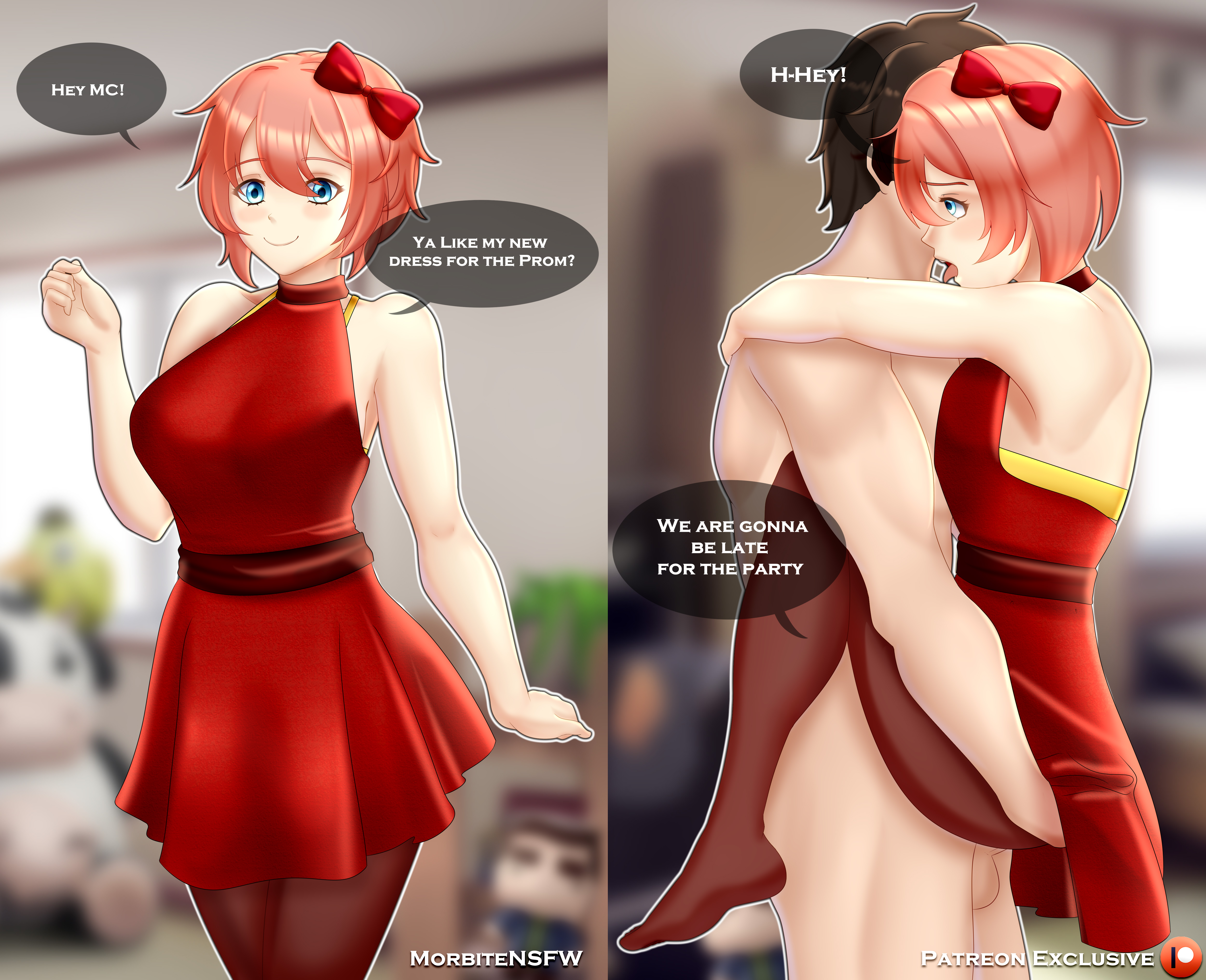 blue eyes, doki doki literature club, dress, female, instant loss, mc (doki doki literature club!), morbite, sayori (doki doki literature club), short hair, stand and carry position, standing sex, straight