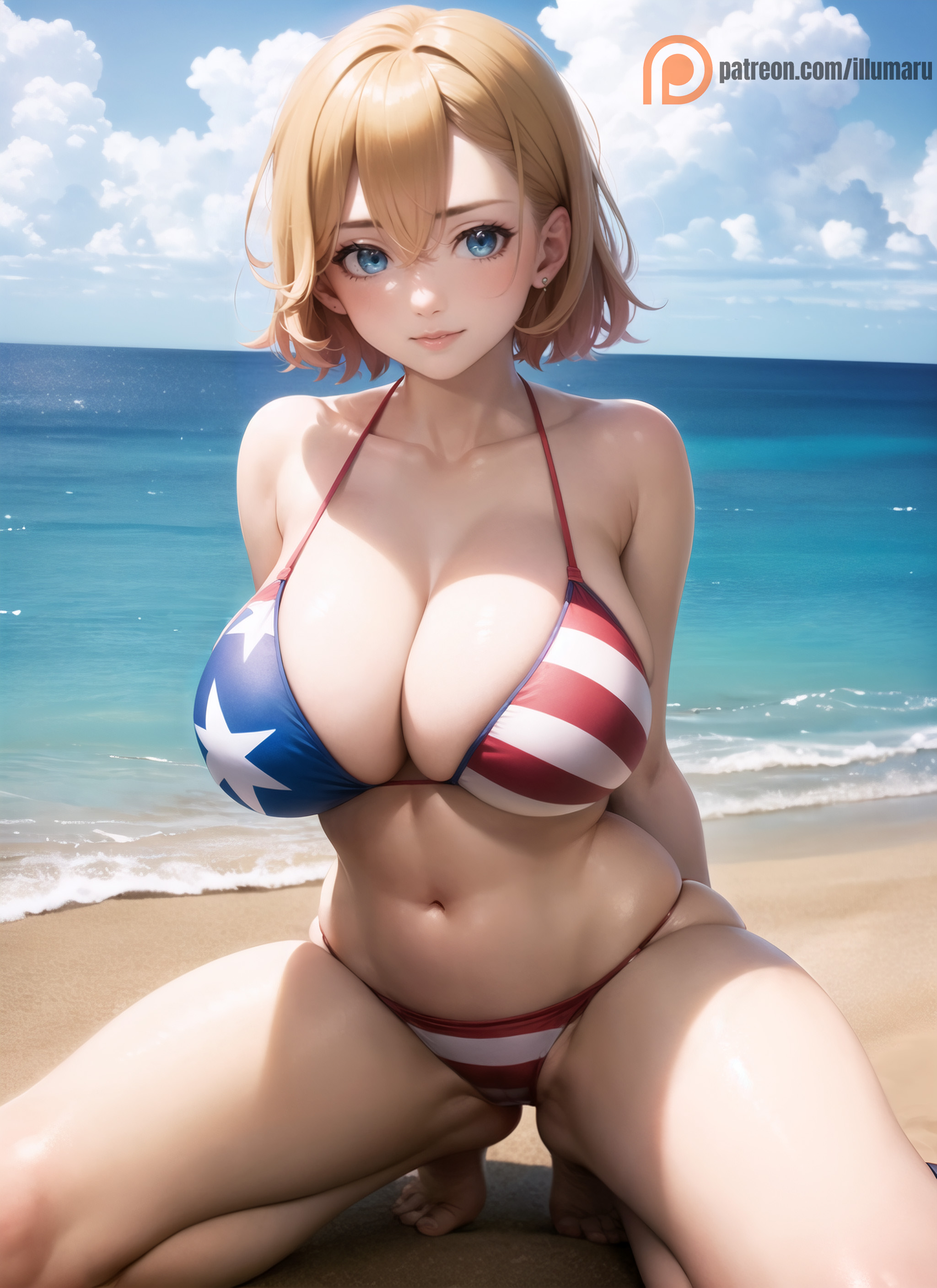 2023, ai generated, american flag, american flag bikini, bangs, beach, big breasts, bikini, blonde hair, blue eyes, breasts, cleavage, detailed, female, female only, flag print, hi res, illumaru, kanojo okarishimasu, kneeling, looking at viewer, medium breasts, nanami mami, outdoors, sea, seductive smile, short hair, sitting, solo, stable diffusion, swimsuit, thick thighs, thighs