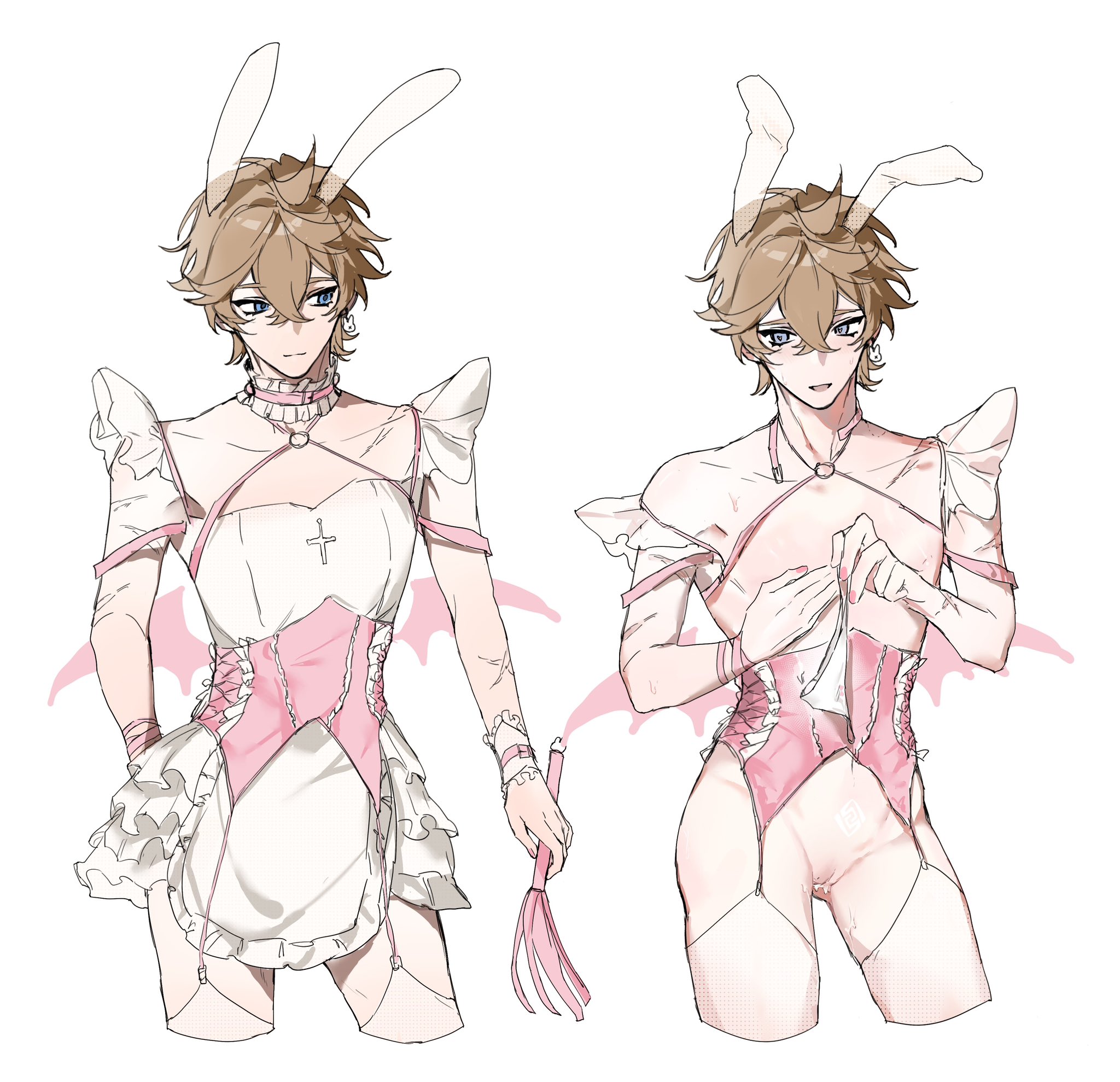 belly markings, bunny ears, bunnysuit, childe (genshin impact), corset, cuntboy, genshin impact, ginger, ginger hair, half naked, innie pussy, intersex, maid, maid outfit, markings, panties, pink nails, pink outfit, pussy, pussy juice, tartaglia (genshin impact), uncensored, underwear