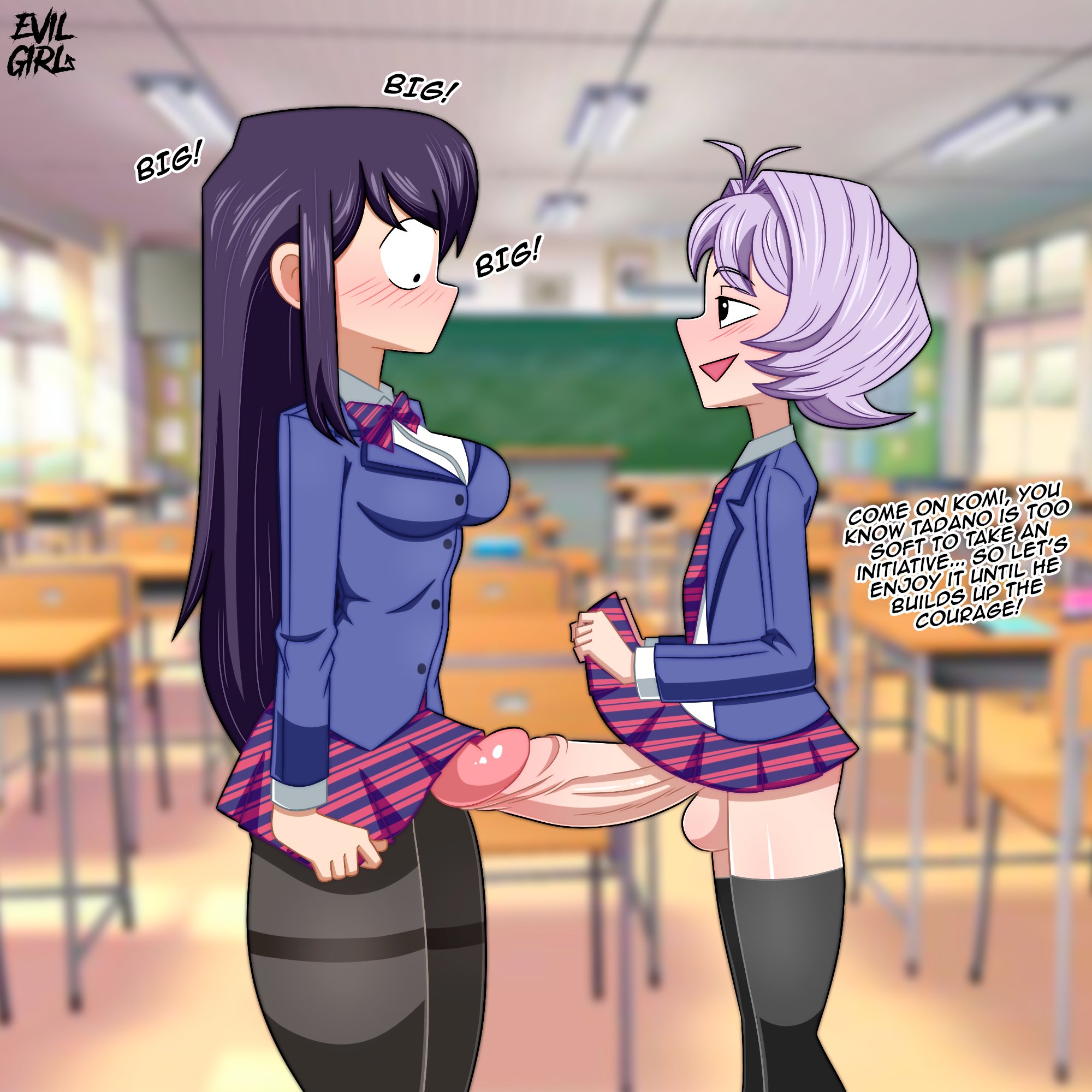 1boy, 1girls, balls, big penis, blush, cheating, classroom, cucked by femboy, cuckold, dominant femboy, english text, evilgirl, female, femboy, femboydom, girly, huge cock, hung femboy, hung trap, komi shouko, komi-san wa komyushou desu, large penis, looking at penis, male, netorare, no mouth, ntr, osana najimi, penis, penis awe, penis size talk, school uniform, size talk, text, trap, uncensored