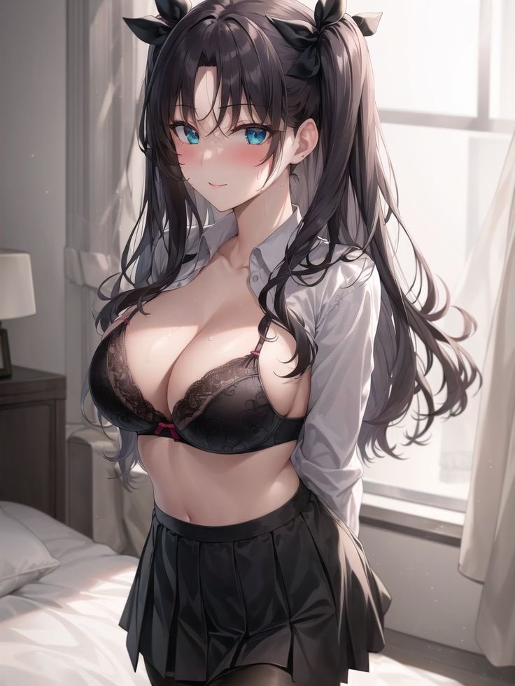 ai generated, big breasts, black hair, black lingerie, blue eyes, blush, breasts, fate (series), female, long hair, open shirt, tohsaka rin