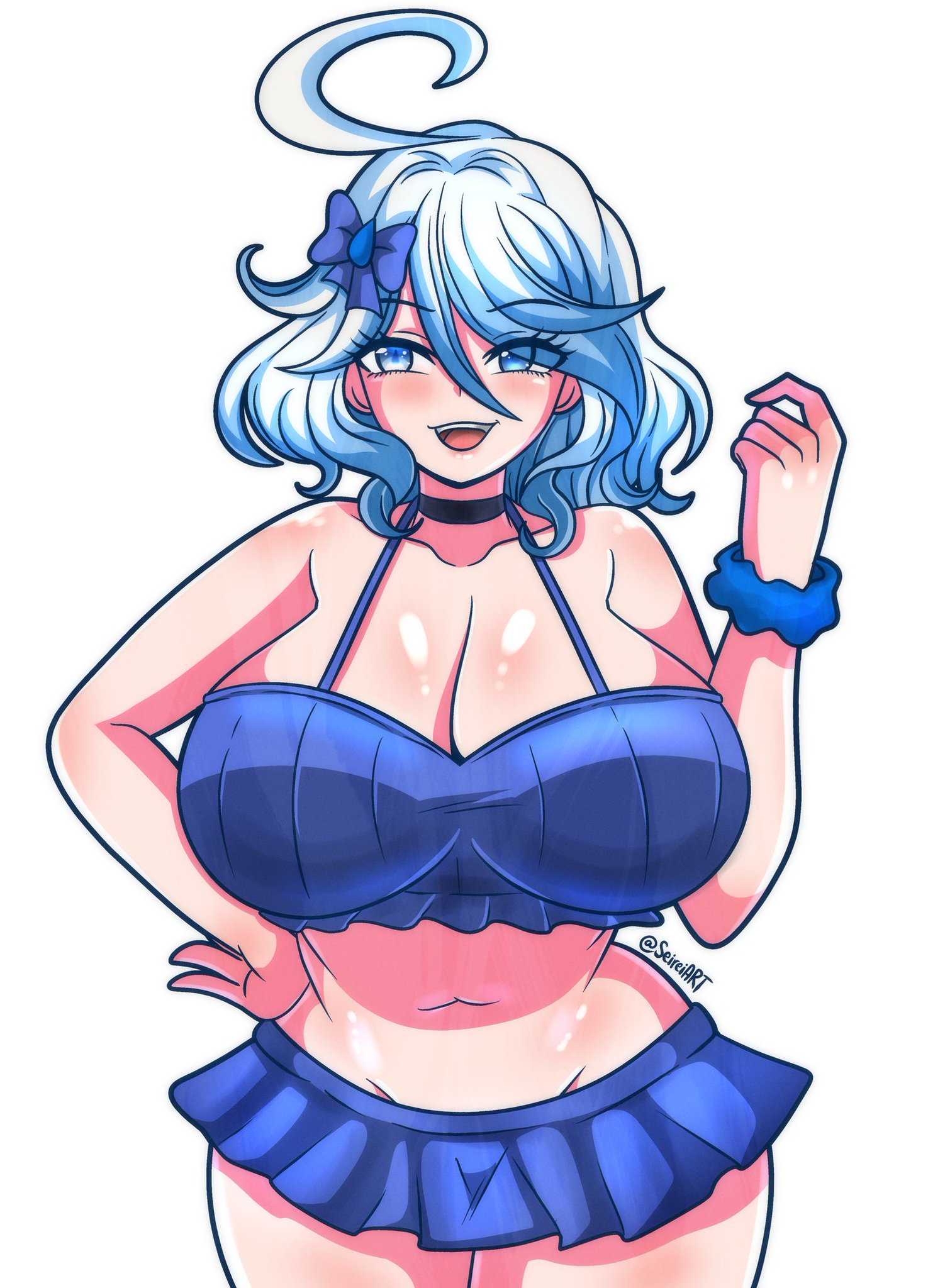 1girls, ahoge, archons, artist name, big breasts, blue eyes, blue hair, bra, breasts, cleavage, eyes visible through hair, female, female only, furina (genshin impact), genshin impact, hoyoverse, light skin, light-skinned female, open mouth, pale skin, pale-skinned female, seireiart, skirt, solo, solo female, watermark, white background