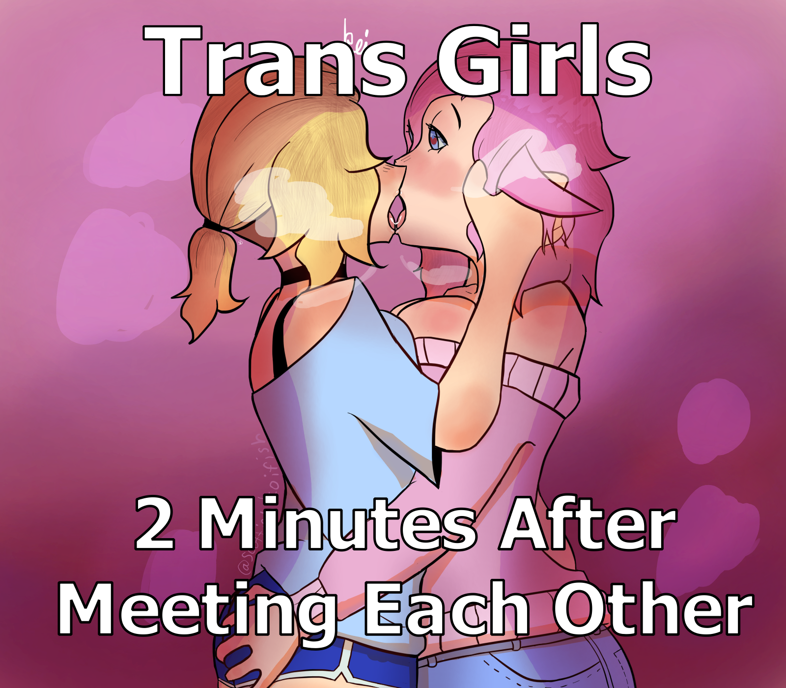 2girls, alternatekoi, ass, ass grab, blonde hair, blue shirt, bra strap, choker, clothed, female, female only, funny, heart eyes, jeans, kissing, koi (alternatekoi), meme, multiple females, multiple girls, pink hair, pink sweater, ponytail, shorts, steam, text, trans woman, transfem, transgender, yuri