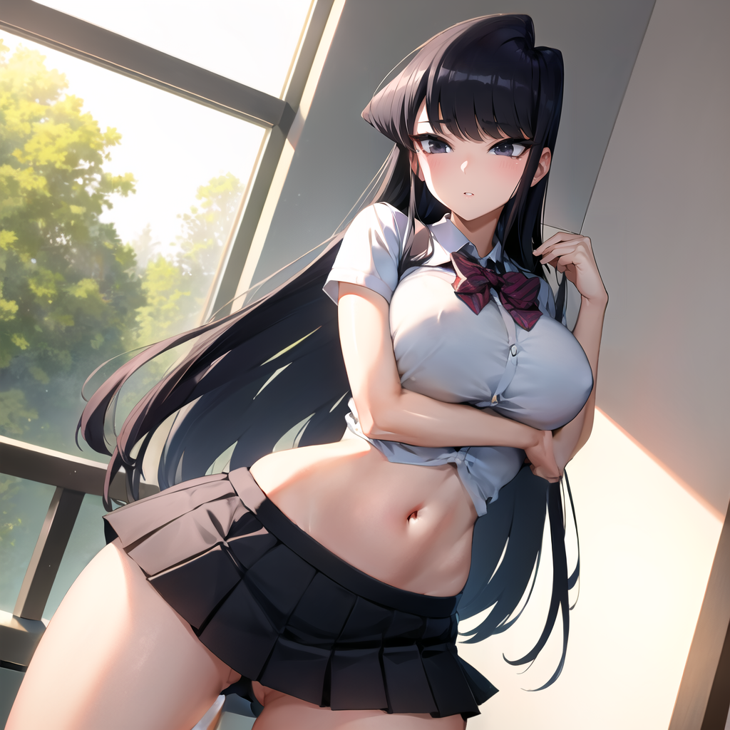 1girls ai_generated asian asian_female big_breasts black_eyes black_hair button_gap buttoned_shirt child_bearing_hips cixf classroom female_focus female_only hourglass_figure huge_breasts komi-san_wa_komyushou_desu komi_shouko long_hair miniskirt nipples_visible_through_clothing panties pussy school_uniform schoolgirl shy smooth_skin thick_thighs thin_waist tight_clothing tight_fit tree trees wide_hips