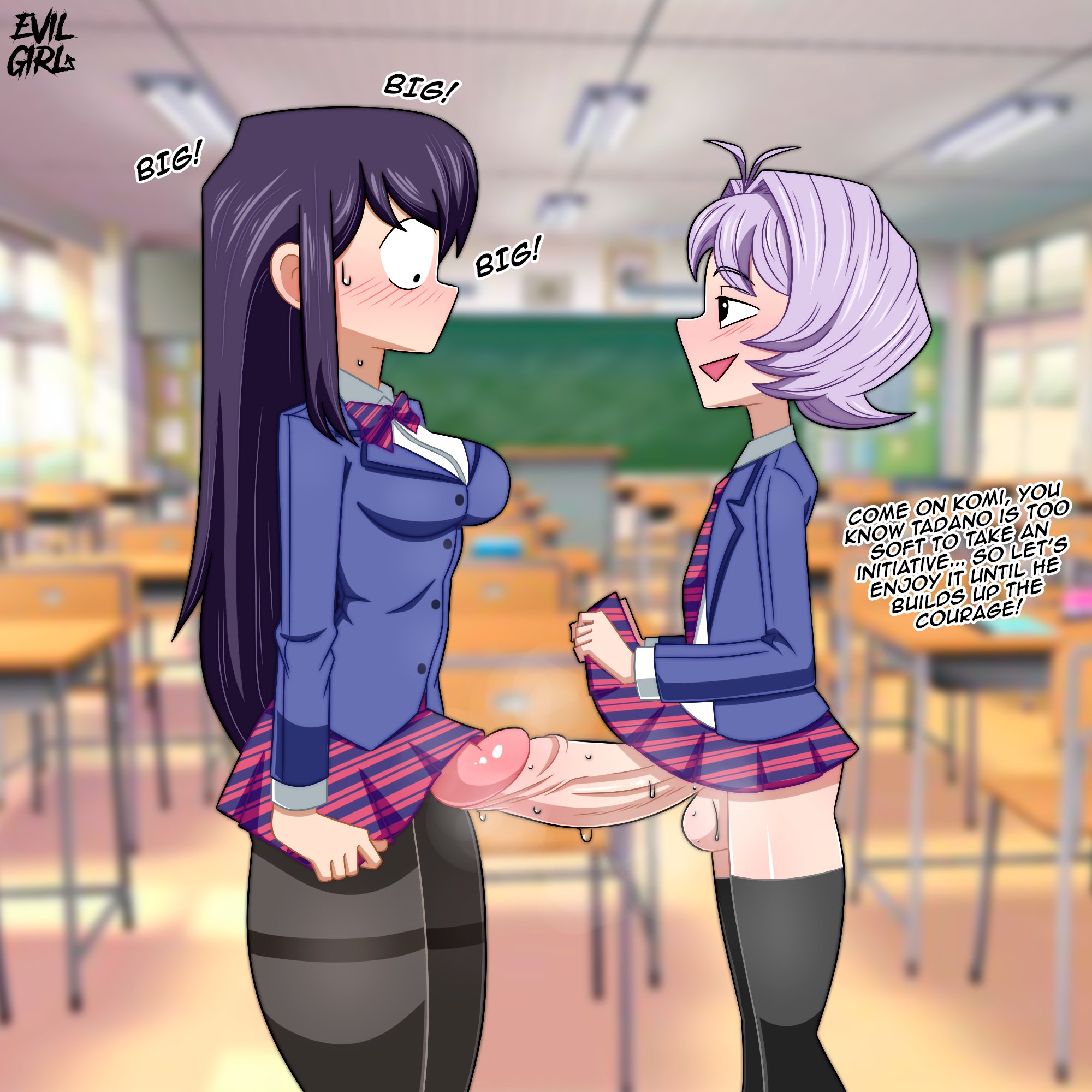 1boy, 1femboy, 1girls, balls, big penis, blush, cheating, classroom, cucked by femboy, cuckold, dominant femboy, english text, evilgirl, female, femboy, femboy on female, femboydom, girly, huge cock, hung femboy, hung trap, komi shouko, komi-san wa komyushou desu, large penis, light skin, light-skinned femboy, looking at penis, male, netorare, no mouth, ntr, osana najimi, penis, penis awe, penis size talk, school uniform, size talk, text, trap, uncensored