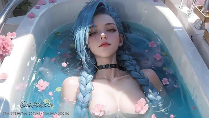 1girls 2d ai_generated bath blue_hair choker closed_eyes female female_only flower jinx_(league_of_legends) league_of_legends looking_at_viewer namakxin riot_games small_breasts