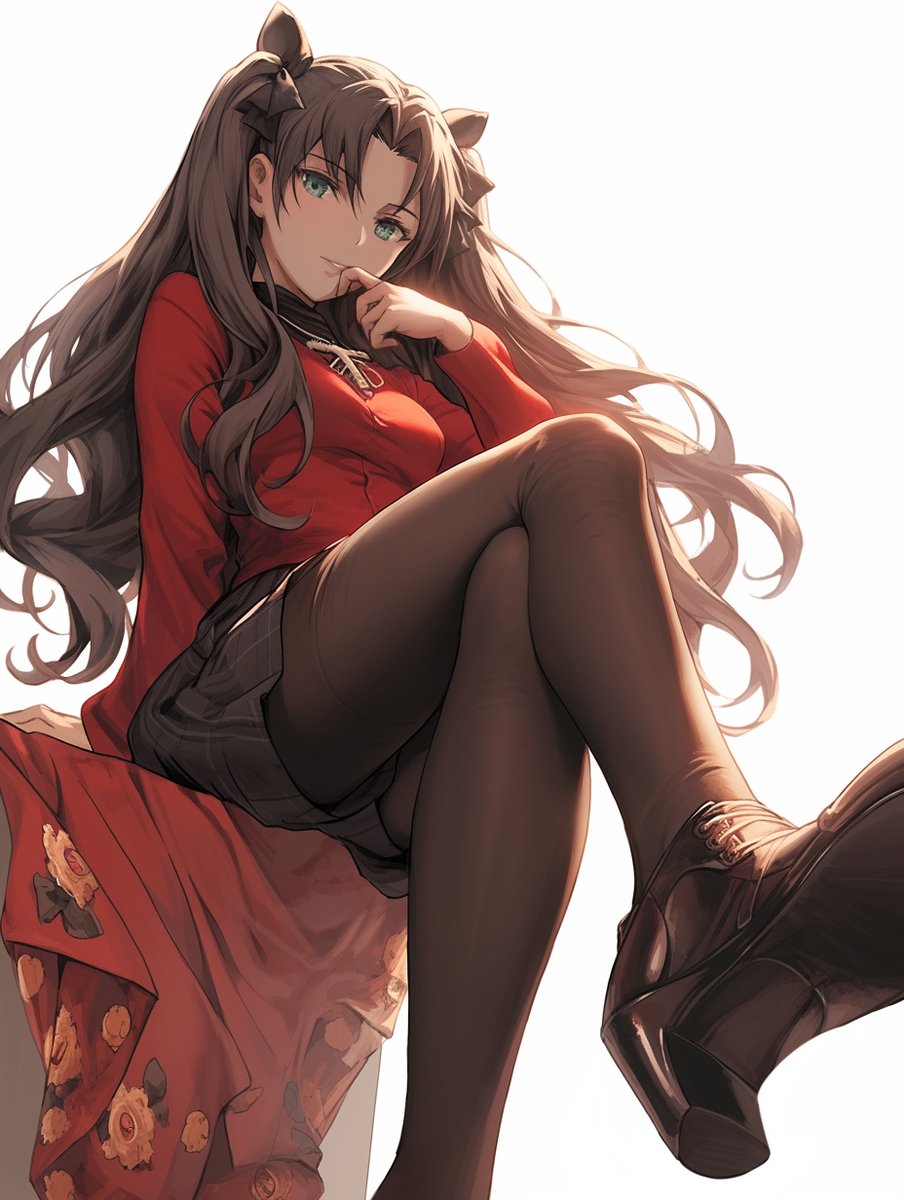 1girls, 2023, 2d, 2d (artwork), ai generated, black hair, blue eyes, clothed, clothed female, fate (series), female, female only, female protagonist, finger to mouth, fully clothed, heels, human, human only, light skin, light-skinned female, long hair, looking at viewer, looking down at viewer, low-angle view, mage, pantyhose, questionable, sfw, simple background, skirt, smiling, solo, solo female, stockings, teenage female, teenager, tohsaka rin, wavy hair, white background