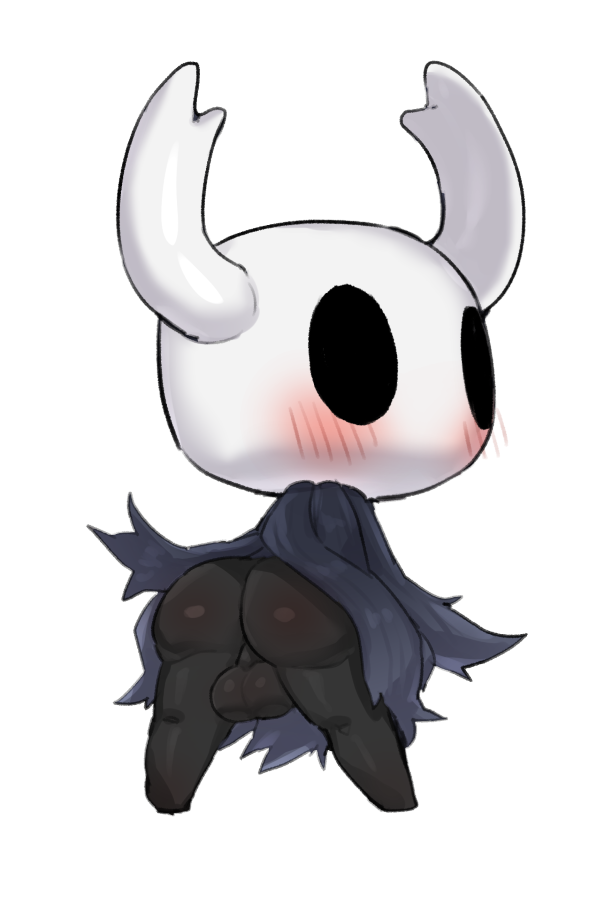 2_horns anthro arthropod ass balls black_body black_skin blue_cloak blush blush_lines cloak clothing genitals hanuvo hollow_eyes hollow_knight horn insects looking_at_viewer looking_back looking_back_at_viewer male male_only presenting presenting_hindquarters protagonist_(hollow_knight) rear_view shell simple_background solo solo_male standing team_cherry white_background