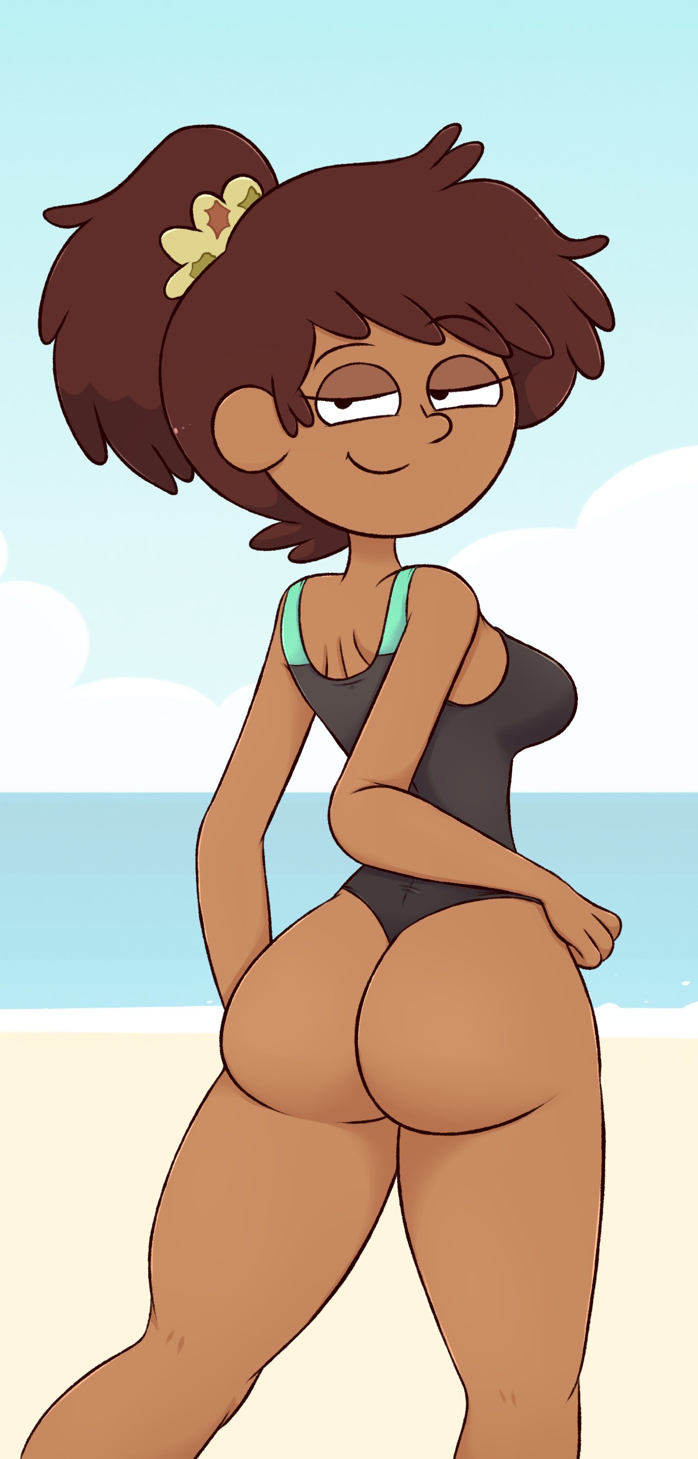 1girls, 2d, amphibia, amphibia (finale), anne boonchuy, asian female, ass, beach, brown hair, disney, disney channel, drawsoyeah, female, looking at viewer, one-piece swimsuit, ponytail, thai, thick ass
