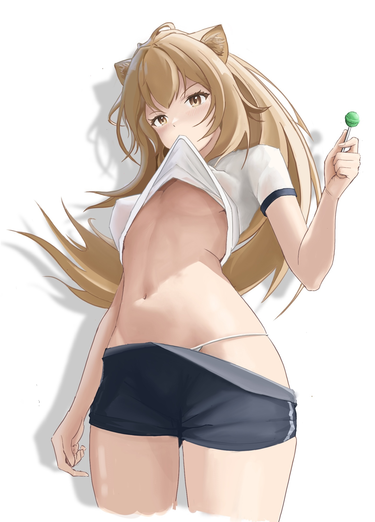 1girls, arknights, artist request, belly, blonde hair, blush, brown eyes, cat ears, cat girl, catgirl, female, light skin, light-skinned female, long hair, looking at viewer, navel, no bra, panties, popsicle, shirt lift, shorts, siege (arknights), simple background, solo, standing