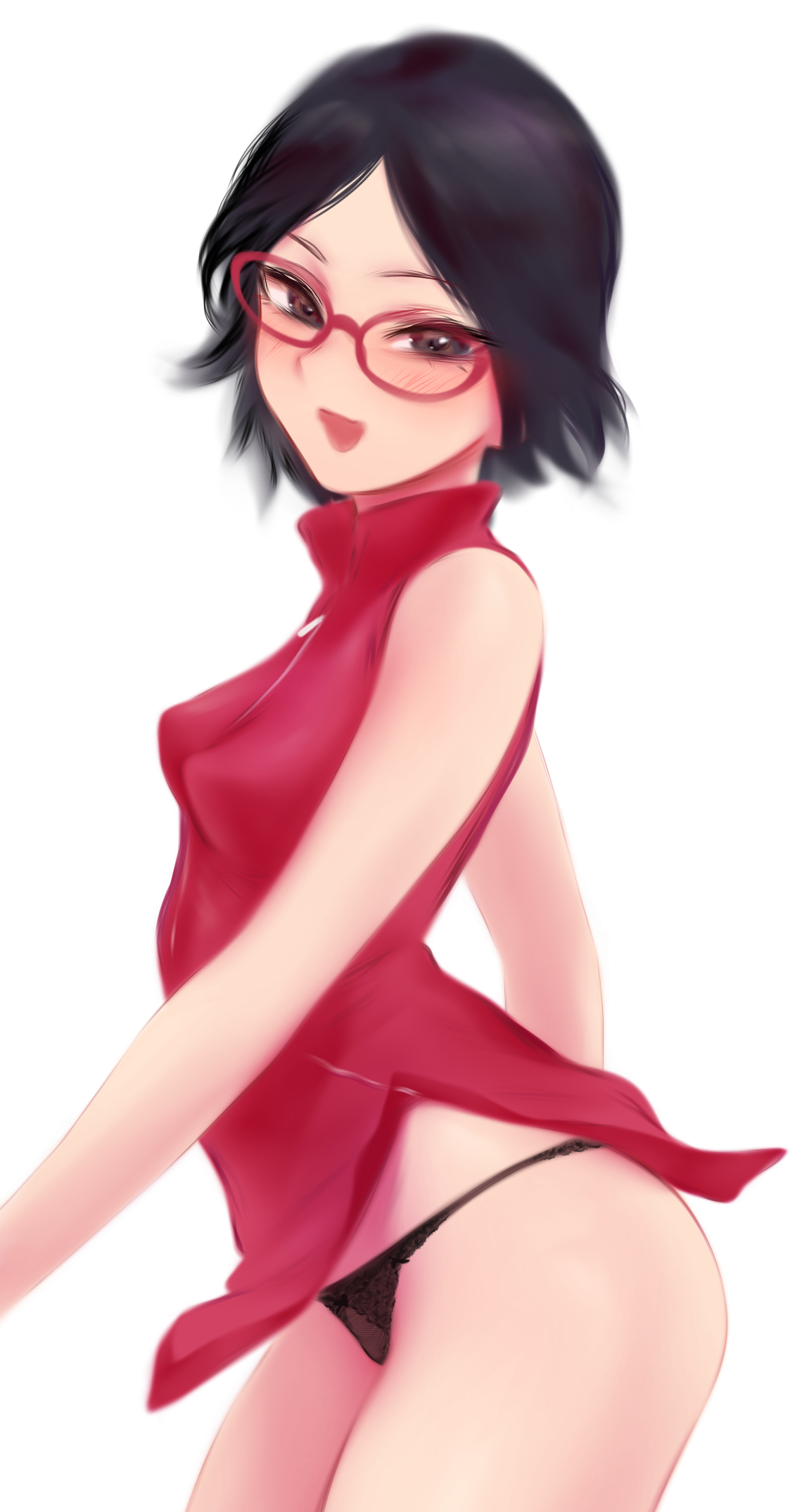black hair, black panties, boruto: naruto next generations, female, fully clothed, glasses, looking at viewer, naruto, naruto (series), panties, sarada uchiha, short hair, shpo, smile