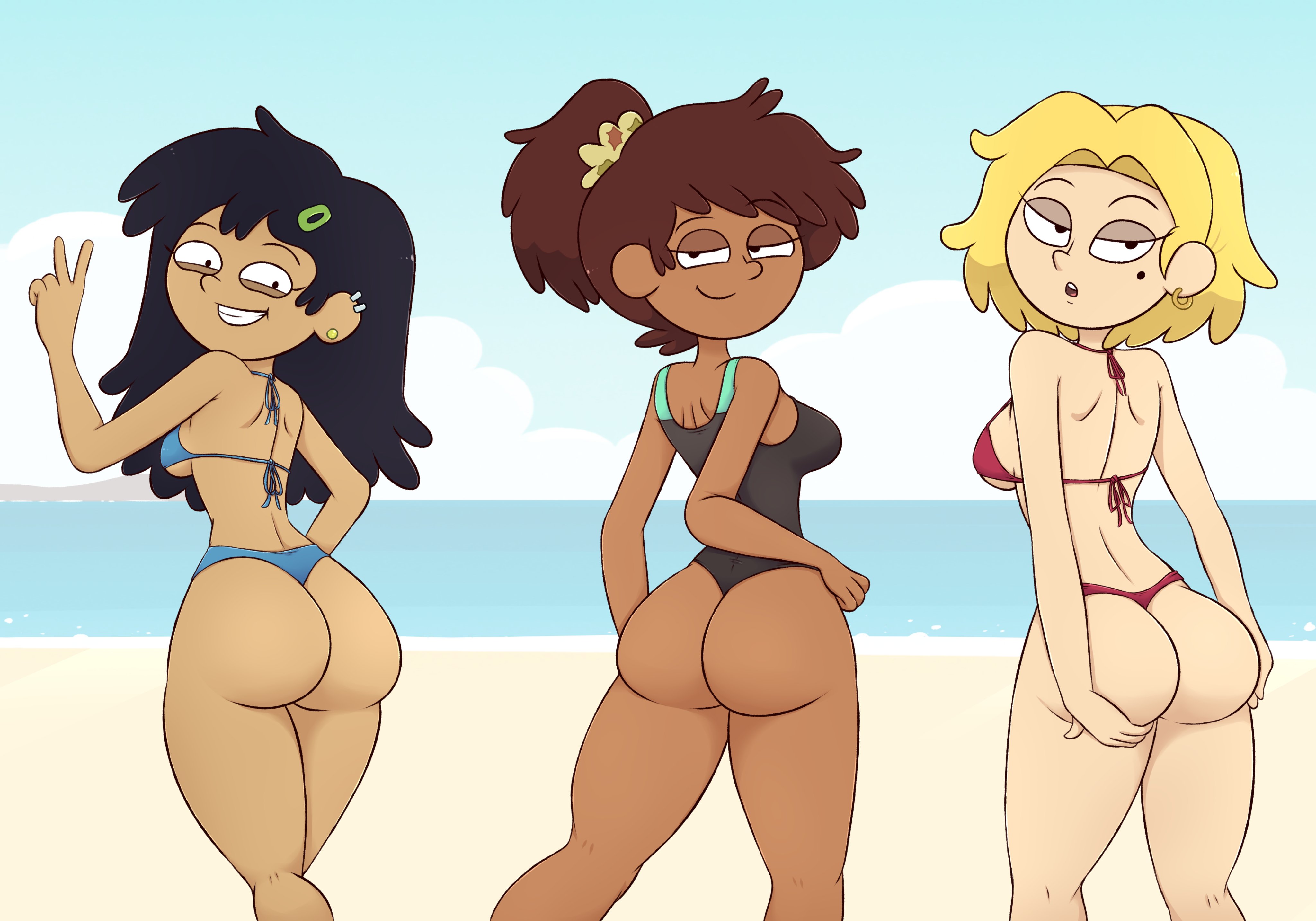 2d, 2d (artwork), 3girls, amphibia, amphibia (finale), anne boonchuy, asian female, ass, beach, bikini, black hair, blonde female, blonde hair, breasts, brown hair, dark skin, dark-skinned female, disney, disney channel, drawsoyeah, female, grabbing own ass, jewelry, long hair, looking at viewer, looking back, marcy wu, medium breasts, multiple females, multiple girls, one-piece swimsuit, peace sign, ponytail, sasha waybright, short hair, taiwanese, teasing, thai, thick ass, thick thighs, thighs, white female