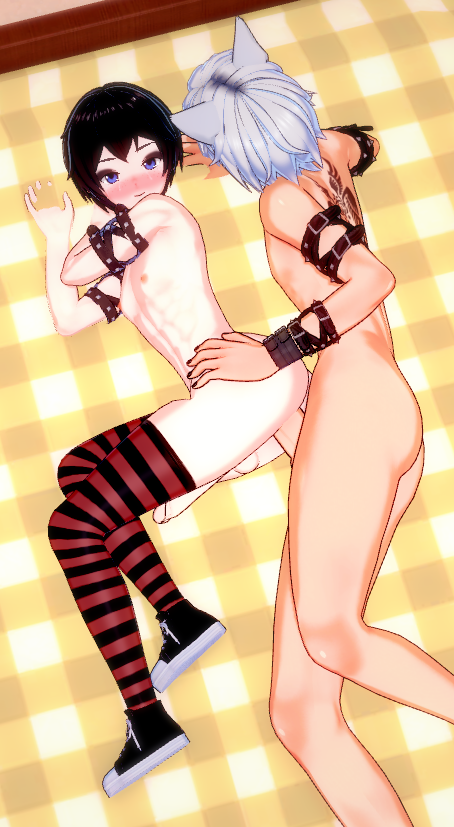 2boys anal_sex animal_ears bei_kino brothers femboy gay hand_on_hip koikatsu looking_at_viewer looking_pleasured ryu_kino striped_legwear vadiryi