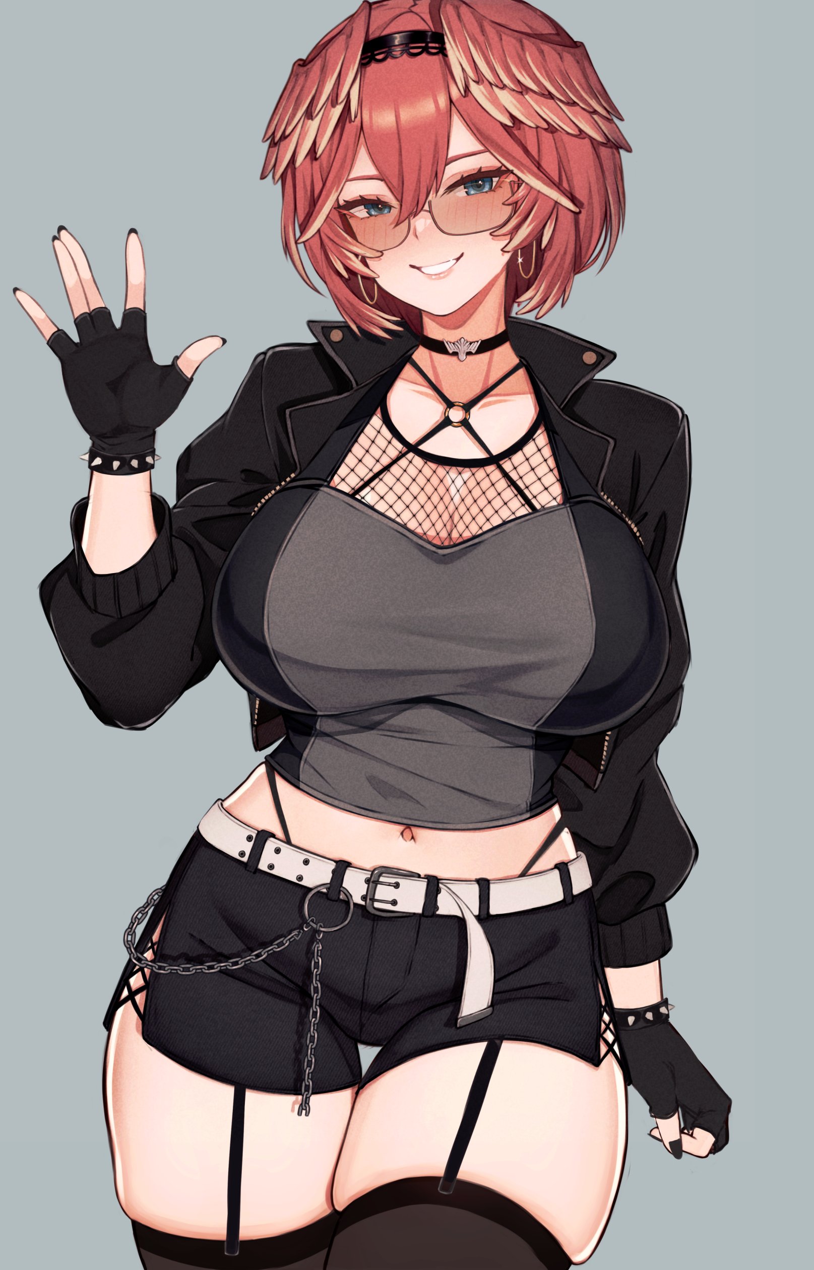 1girls, blue eyes, breasts, choker, earrings, female, fingerless gloves, fishnet, glasses, gloves, hololive, hololive japan, holox, hoop earrings, jacket, large breasts, leather jacket, looking at viewer, navel, pink hair, shorts, stockings, sunglasses, takane lui, thick thighs, thigh gap, thong straps, tinted eyewear, varniskarnis, virtual youtuber, vtuber, waving