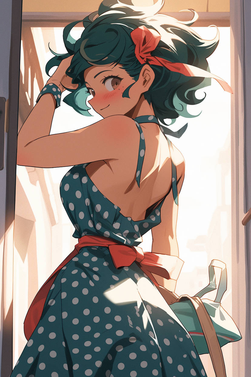 1girls ai_generated apron back boku_no_hero_academia breasts brown_eyes dress female female_deku female_focus female_only genderswap_(mtf) green_dress green_hair hairbow housewife izuku_midoriya large_breasts looking_at_viewer looking_back milf my_hero_academia polka_dot polka_dot_dress rule_63 short_hair solo transviscera