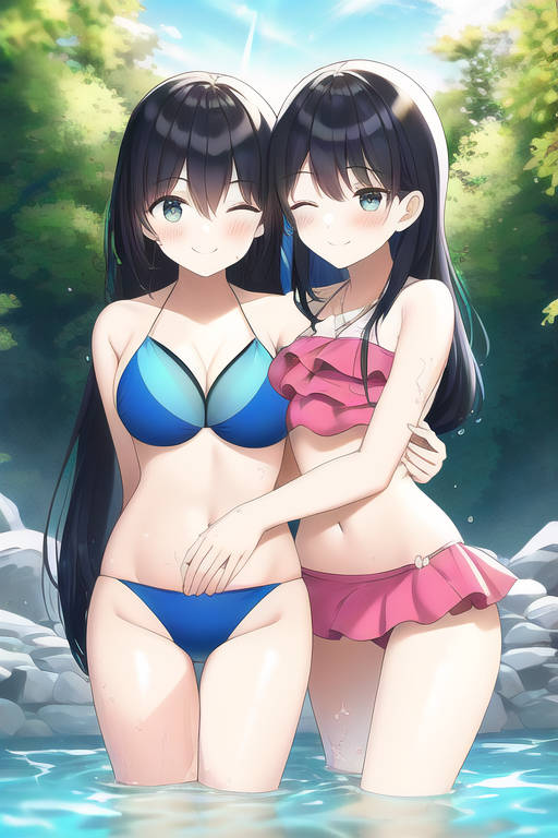 2girls ai_generated bikini bikini_skirt black_hair blue_bikini blue_swimsuit breasts clouds easyimage forest green_eyes hugging in_water large_breasts long_hair looking_at_viewer midriff navel original outside pink_bikini pink_swimsuit rocks sky swimsuit swimsuit_skirt trees water winking_at_viewer