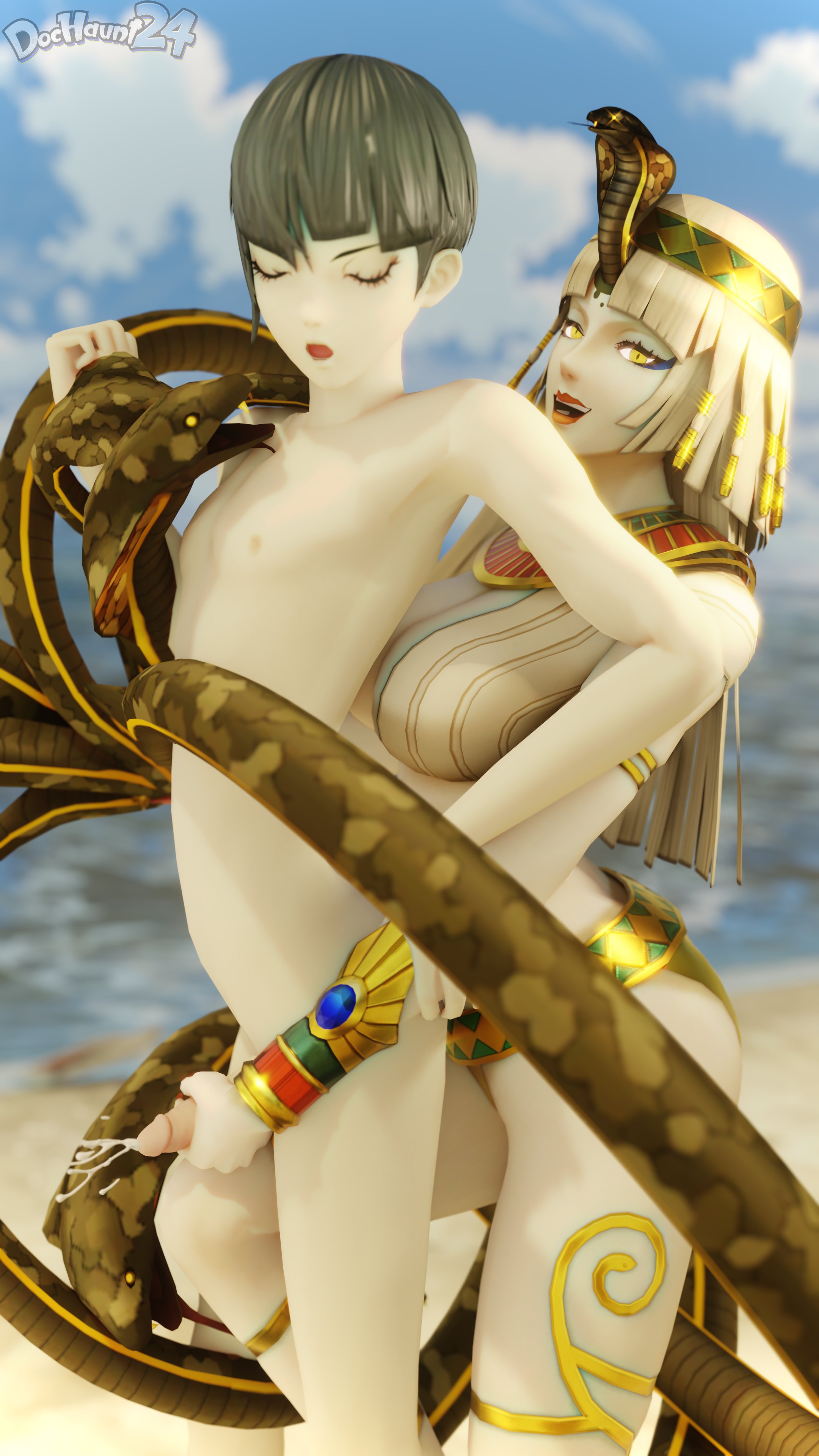 1girls, 3d, artist logo, artist name, black hair, blonde hair, breasts, cleavage, cleopatra (megami tensei), closed eyes, clothed female nude male, coiling, commission, commissioner upload, cum, cumshot, dochaunt24, egyptian, egyptian headdress, egyptian makeup, egyptian mythology, female, femboy, femdom, handjob, handjob from behind, huge breasts, lipstick, looking at viewer, male, nahobino (smt), pleasure face, protagonist (shin megami tensei v), shin megami tensei, shin megami tensei v, smiling, smiling at viewer, snake, yellow eyes