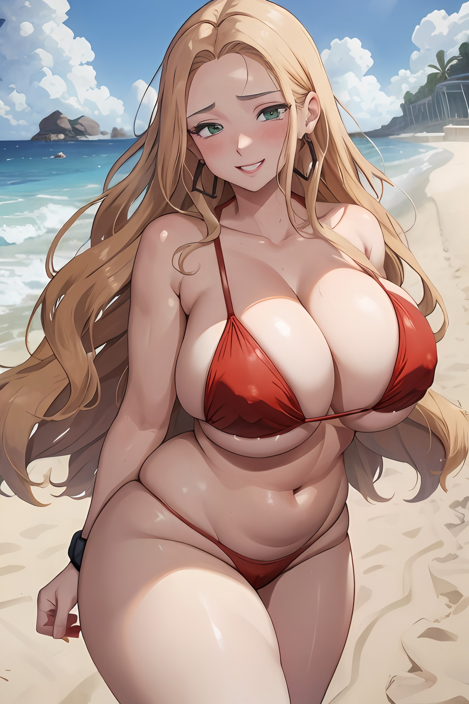 ai generated, anime, beach, big breasts, bikini, breasts, female, female only, huge breasts, oleana (pokemon), pokemon