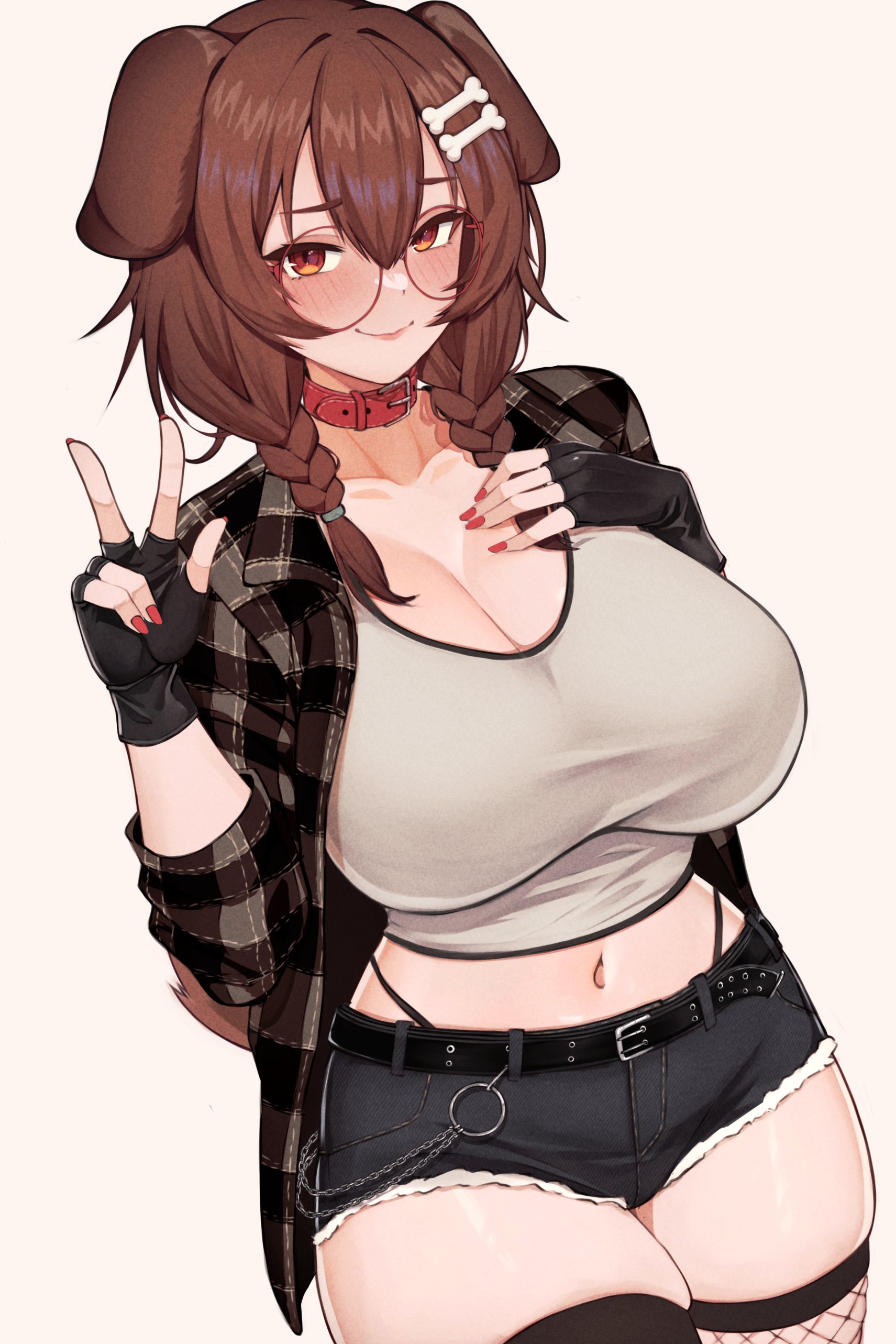 1girls, blush, breasts, brown hair, choker, cleavage, collar, crop top, denim shorts, dog collar, dog ears, female, fingerless gloves, fishnet, fishnets, glasses, gloves, hololive, hololive gamers, hololive japan, inugami korone, large breasts, orange eyes, peace sign, round glasses, short shorts, shorts, solo, stockings, stomach, thighhighs, thong straps, v, varniskarnis, virtual youtuber