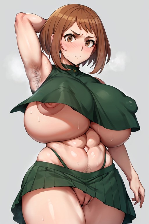 ai generated, armpit hair, beach, big breasts, big nipples, breasts, brown eyes, brown hair, female, female armpit hair, green skirt, groin, hairy armpits, huge breasts, my hero academia, nipple bulge, nipples, ochako uraraka, short hair, skirt, sweat, sweatdrop, sweating, underboob