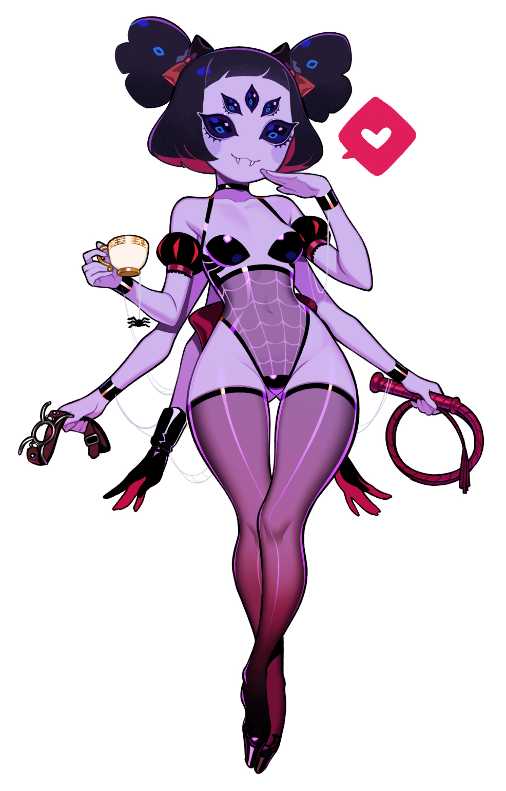 2d 6_arms ass_visible_through_thighs choker color cute_fangs dominatrix fangs female gloves halphelt heart monster_girl muffet navel skimpy_clothes spoken_heart stockings tagme thighhighs undertale undertale_(series) whip white_background