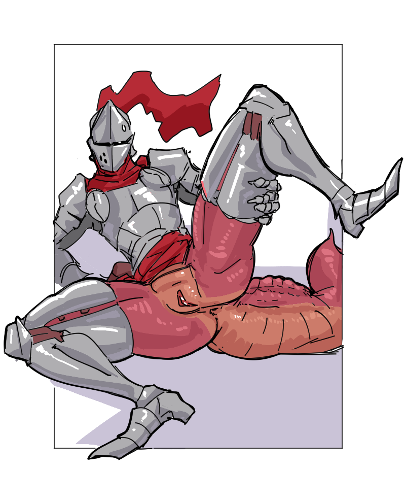 2023 anthro anus armor ass besagew biped bottomless breastplate cuisse digital_media_(artwork) female genitals greaves headgear helmet multicolored_body orange_body pauldron plume poleyn presenting pussy raised_leg red_body red_scales reptile sabatons scalie simple_background solo tail two_tone_body visor_helmet white_background yamabat yamagah