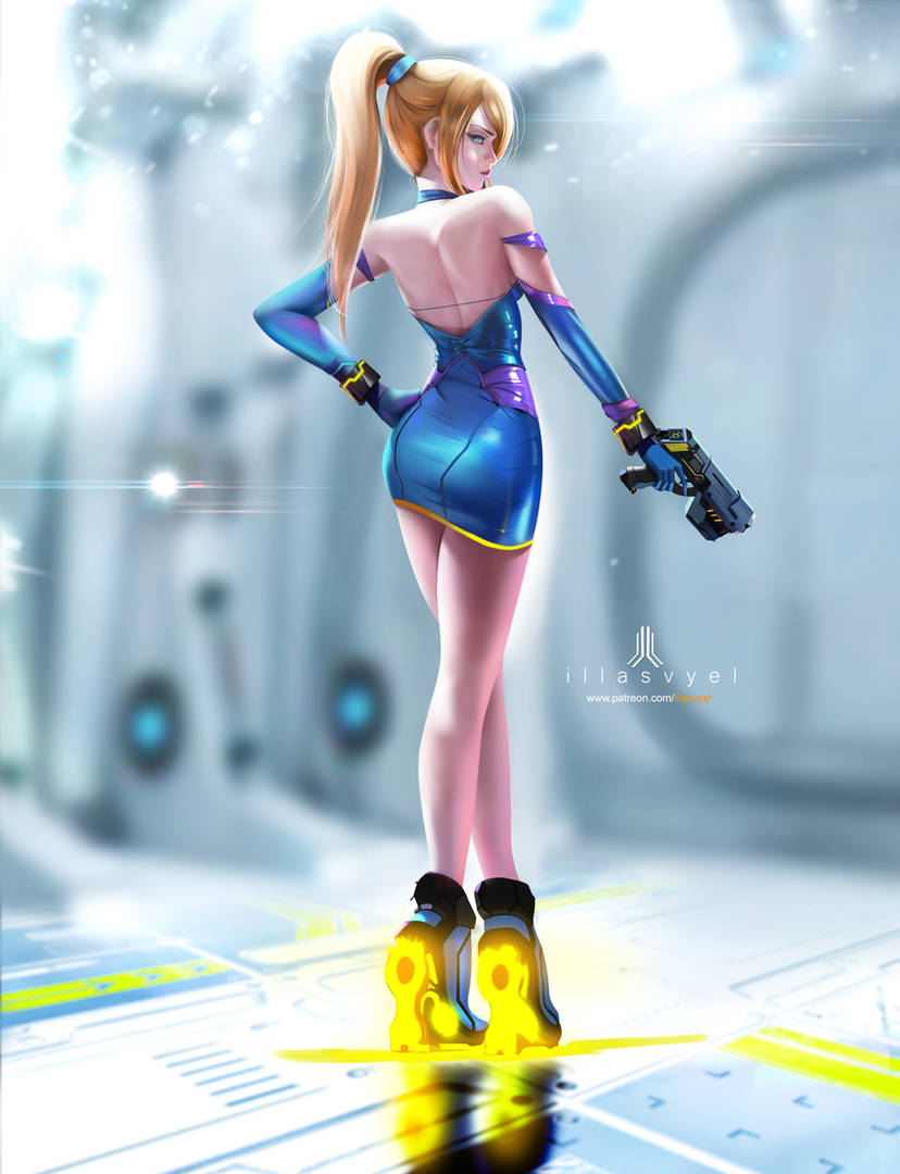 arm_length_gloves ass backless_outfit blonde_hair blue_eyes boots cocked_hip dress female female_only fully_clothed gun hairband high_heels illasvyel legs looking_at_viewer looking_back metroid ponytail samus_aran shiny_clothes tight_clothing