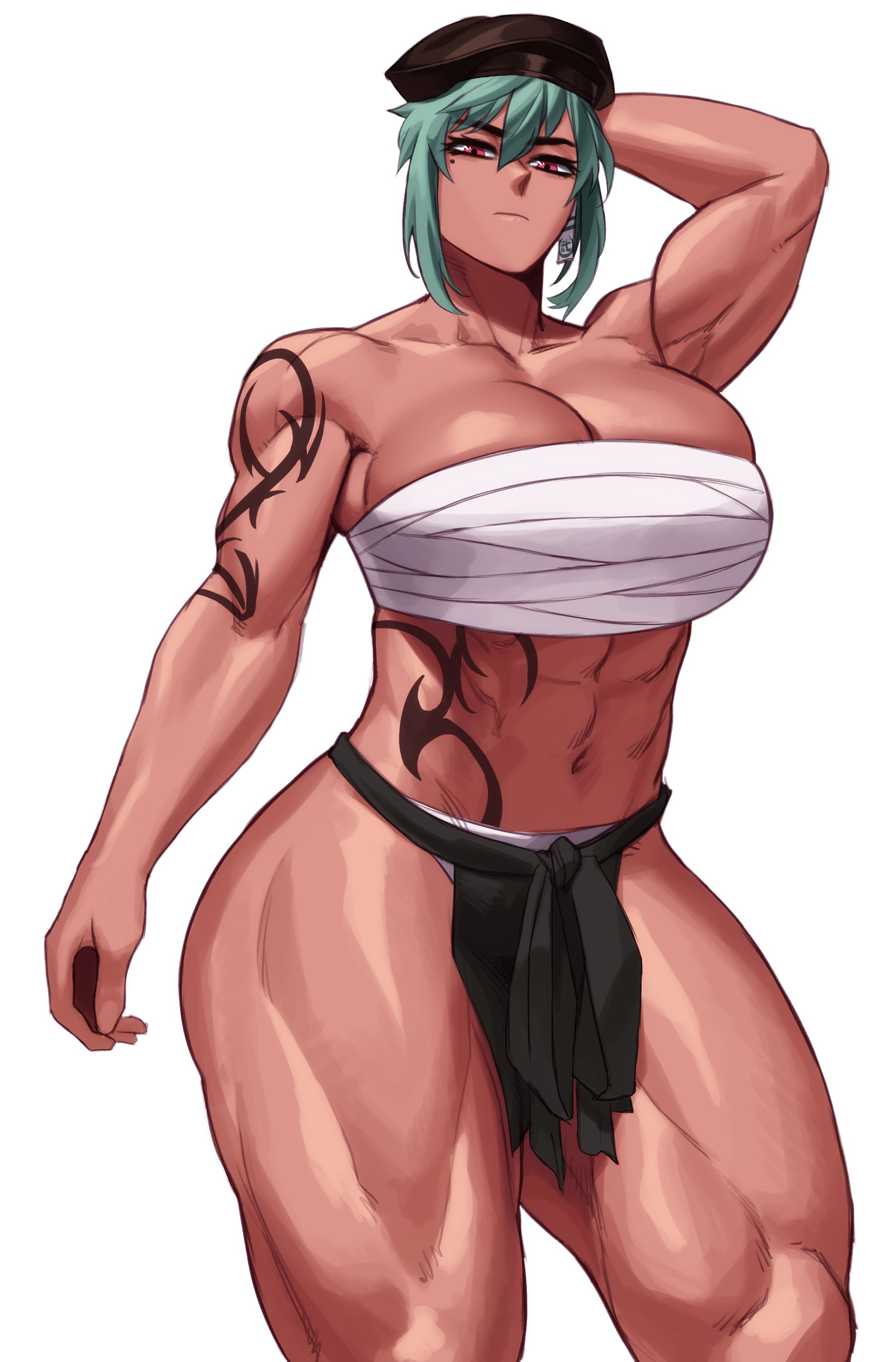 1girls, abs, arm up, athletic, athletic female, bandage, big breasts, breasts, commission, female, hi res, muscular, muscular female, muscular thighs, original, simple background, solo, sotcho, tagme, white background