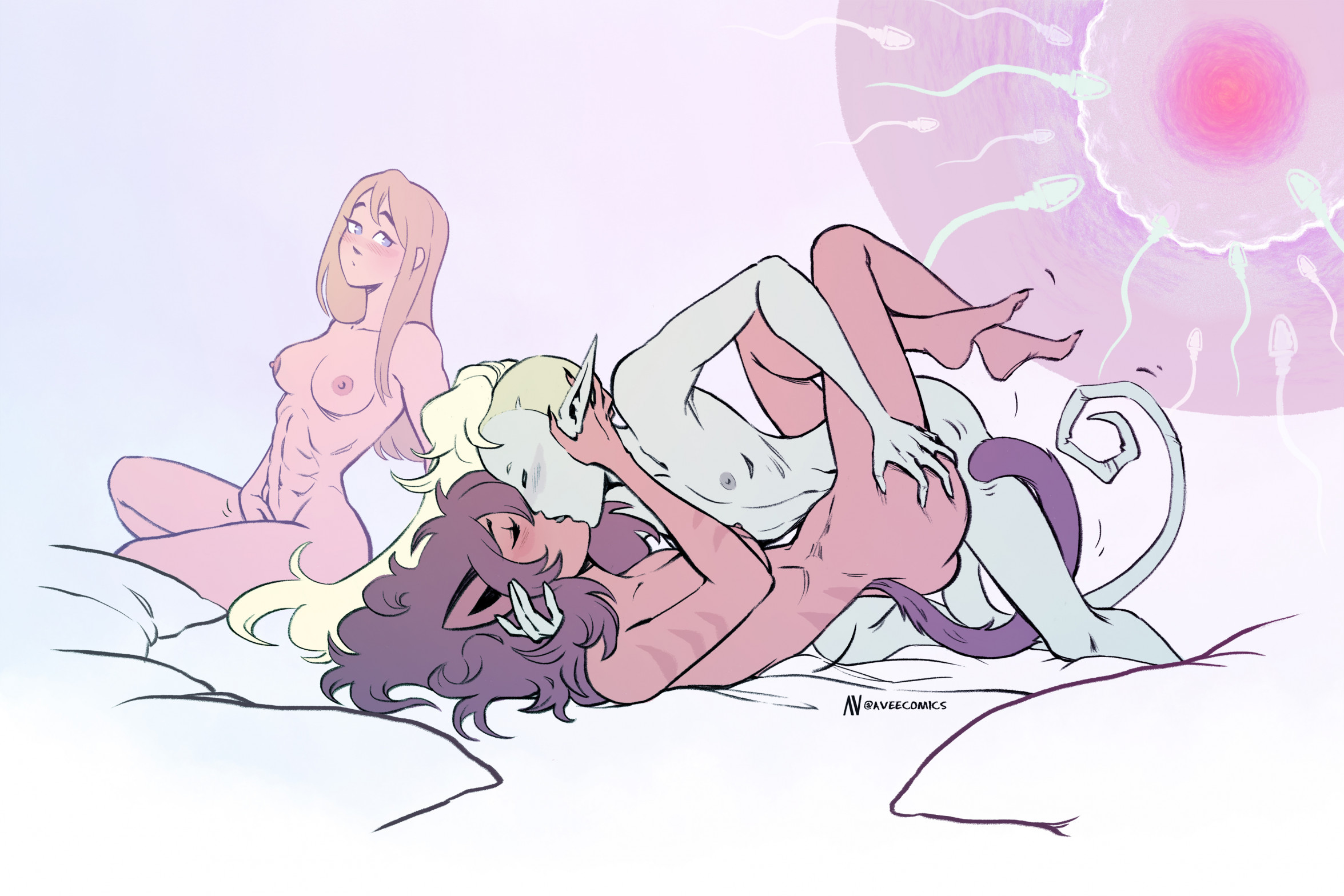 1other, 2020s, 2023, 2girls, abs, adora, ambiguous gender, areolae, artist name, ass, ass grab, aveecomics, bed, blonde female, blonde hair, blue eyes, blush, breasts, brown hair, brown tail, cat ears, cat girl, cat tail, catgirl, catra, cheating, cheating (relationship), cheating girlfriend, cheating wife, claws, closed eyes, commission, consensual cuckquean, crossed legs, cucked lesbian, cuckolding, cuckquean, cum, cum in pussy, cum inside, double trouble, female, fertilization, green skin, green tail, hand behind head, impregnation, kissing, large breasts, lesbian conversion, lesbian couple, lesbian with male, lizard, lizard tail, lizardman, long hair, masturbating while watching, masturbation, motion lines, multiple females, multiple girls, nipples, nude, nude female, on back, on bed, orientation play, ovum, penetration, pillow, pointy ears, pussy, sex, she-ra and the princesses of power, sperm cell, sperm meets ovum, tail, vaginal penetration, vaginal sex, watermark, x-ray