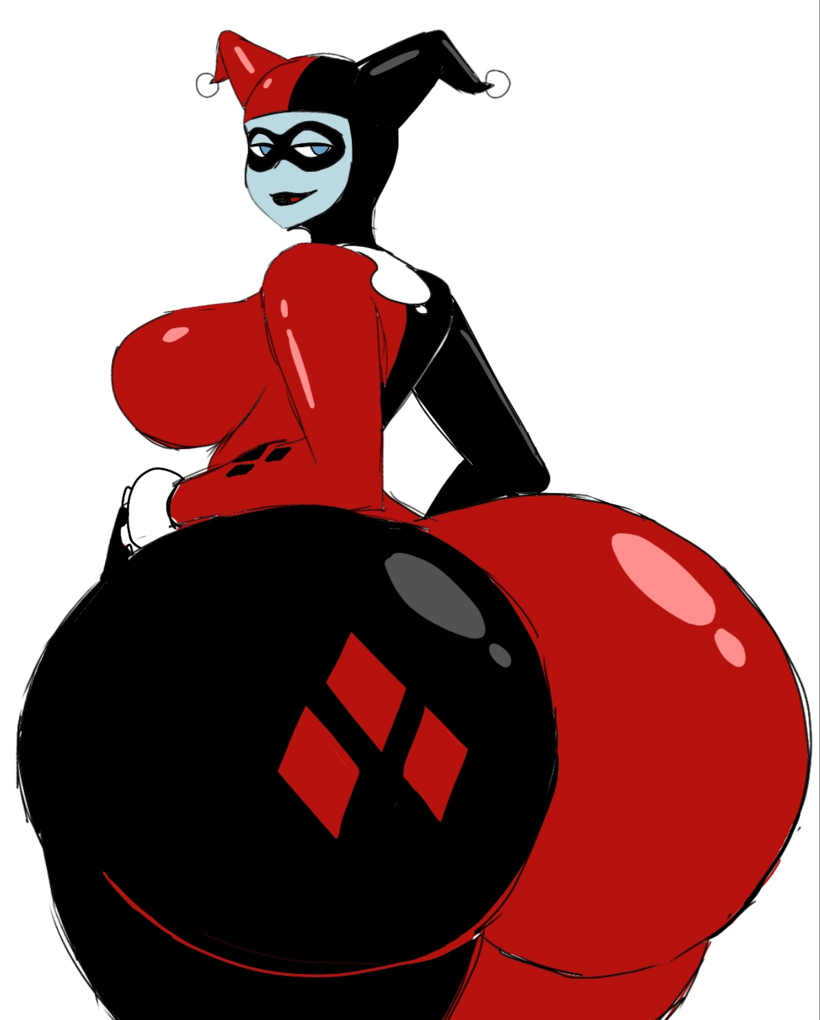 1girls, 2023, 2d, ass, batman (series), batman: the animated series, big ass, big breasts, big butt, bodysuit, breasts, bubble ass, bubble butt, color, dc, dc comics, female, female only, gigantic ass, gigantic butt, harley quinn, harley quinn (classic), huge ass, huge butt, large ass, large butt, looking back, massive ass, massive butt, momiji (artist), rear view, solo, villain, villainess, white background