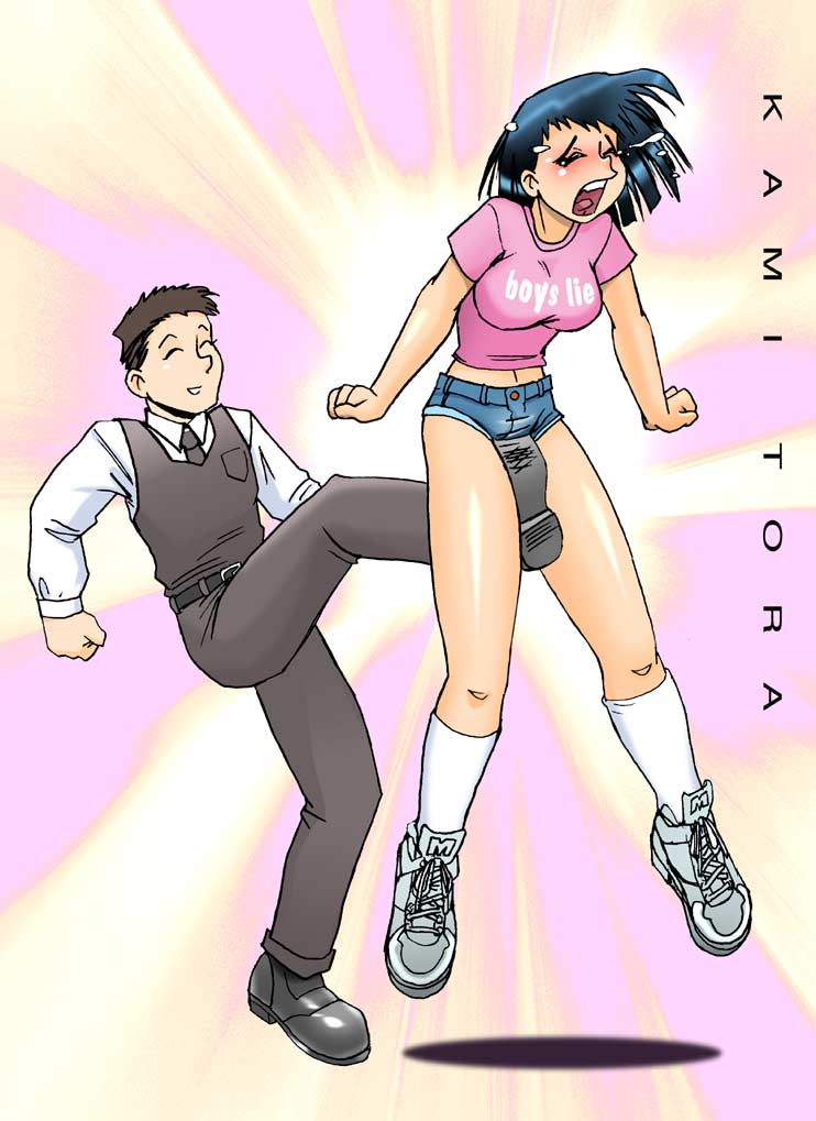 1boy 1girls black_hair blush breasts closed_eyes clothes_writing crying cunt_punt cuntbusting denim denim_shorts english_text kamitora midriff necktie open_mouth pain pants pink_shirt shirt shoes short_hair short_shorts shorts sneakers socks tears vest