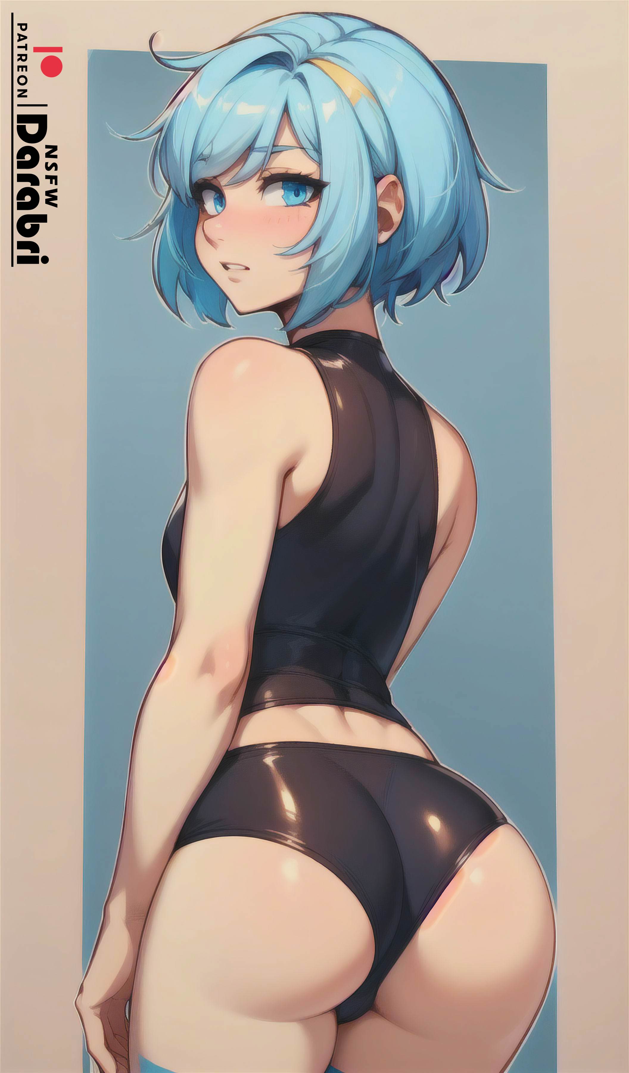 1boy, abstract background, absurd res, ai generated, arched back, ass, ass focus, beige skin, big ass, big butt, black clothing, blue eyes, blue hair, blush, color, colored, cute, darabri, eye contact, femboy, flat chest, girly, hi res, latex, light blue hair, logo, looking at viewer, looking back, looking down, male, mint uwu, original, otoko no ko, pale skin, patreon, patreon logo, pov, pov eye contact, presenting, presenting hindquarters, short hair, simple background, solo, solo focus, solo male, tight clothing, toned, trap, underwear
