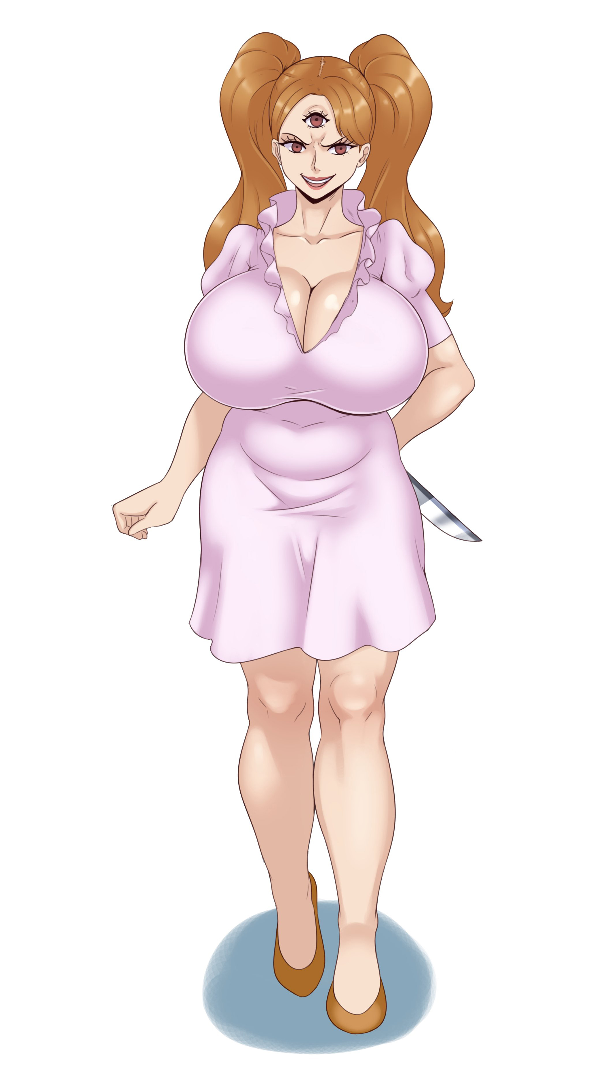 1girls, 3 eyes, breasts, brown hair, charlotte pudding, dress, female, female only, handcuffed, huge breasts, knife, multi eye, one piece, shounen jump, smile, solo, sunnysundown, tagme, torn clothing, torn dress
