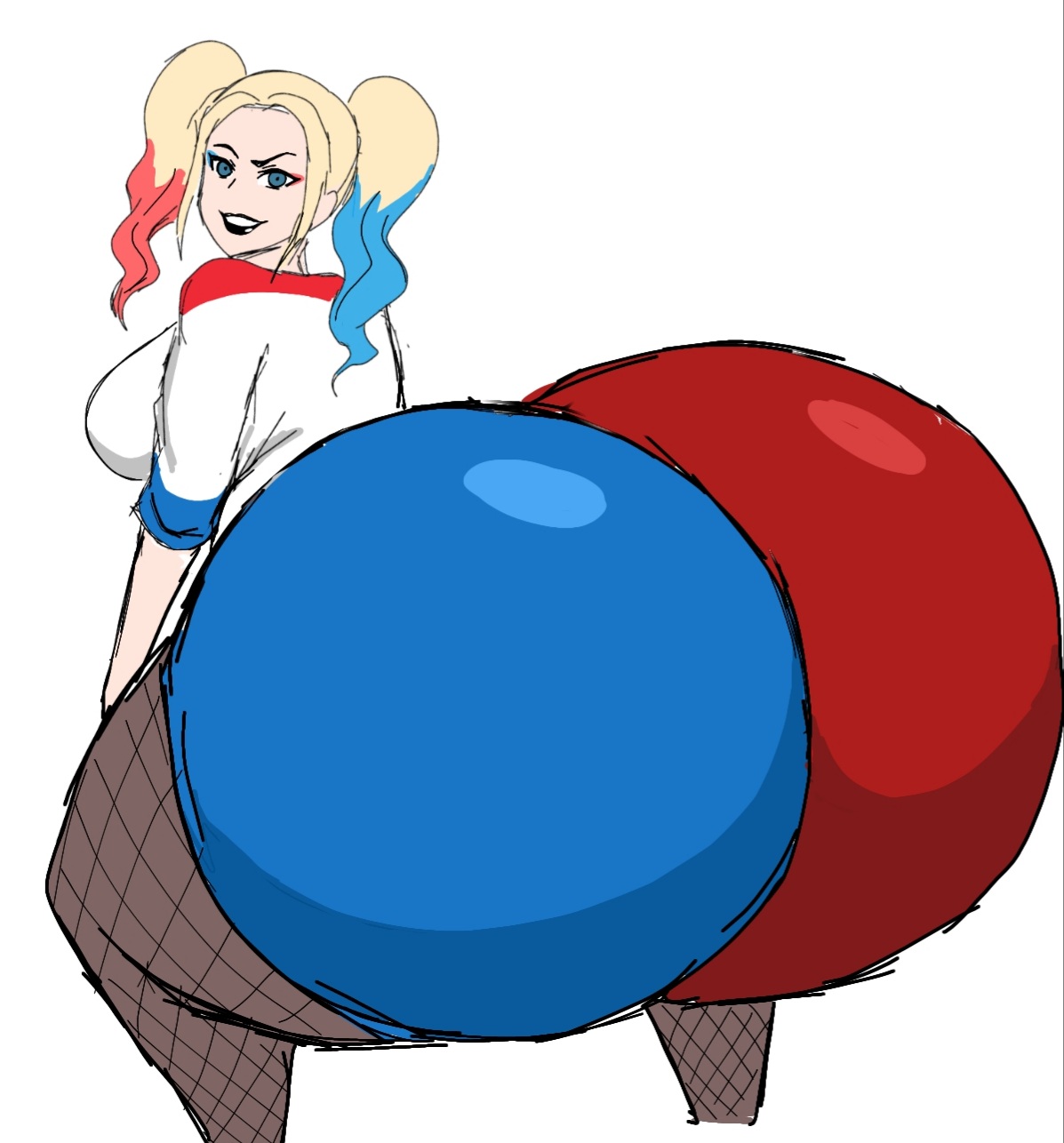 1girls, 2023, ass, batman (series), big ass, big breasts, big butt, booty shorts, breasts, dc, dc comics, dc extended universe, dceu, dyed hair, female, female only, fishnet pantyhose, fishnets, gigantic ass, gigantic butt, harley quinn, harley quinn (dceu), huge ass, huge butt, large ass, large butt, massive ass, massive butt, momiji (artist), multicolored hair, pigtails, solo, squatting, suicide squad