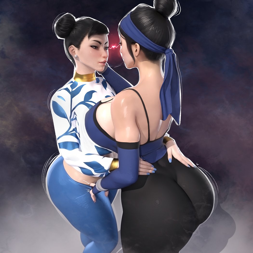 2girls ass big_ass big_breasts big_butt black_hair bubble_ass bubble_butt chun-li curvy fat_ass female female_only hair_bun headband huge_ass huge_breasts kissing kitana kitana_(mk11) large_ass large_breasts mortal_kombat mortal_kombat_11 popogori saliva saliva_string street_fighter street_fighter_6 thick thick_ass thick_thighs voluptuous wide_hips yuri