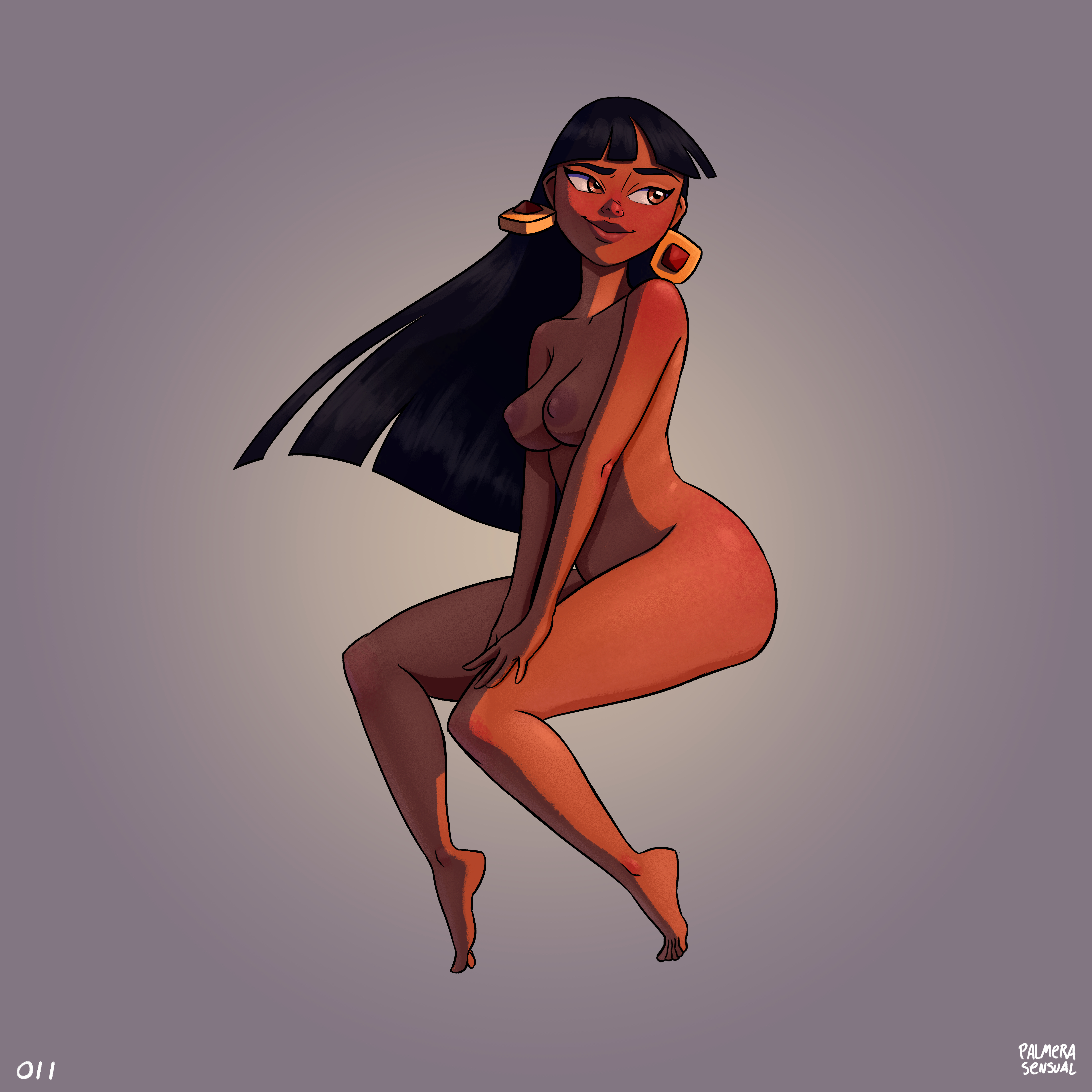 1girls, 2d, ass, black hair, breasts, chel, dark skin, dark-skinned female, female, female only, grey background, huge breasts, jewelry, long hair, looking back, naked, nude, nude female, palmerasensual, the road to el dorado, thick ass, thick thighs