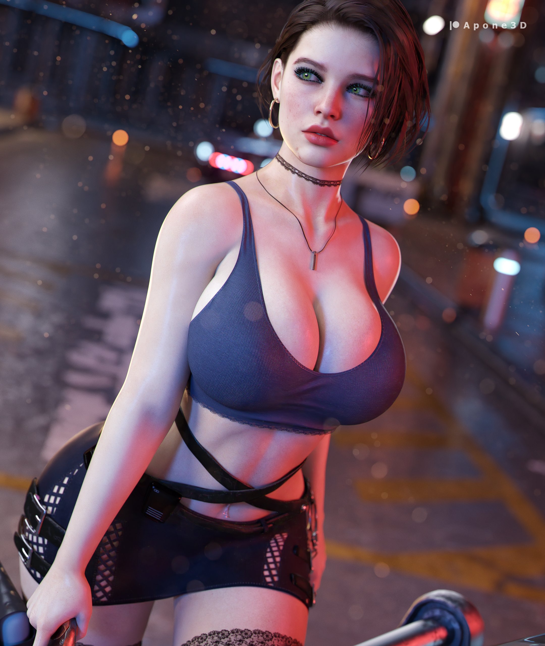 1girls, 3d, apone3d, big breasts, breasts, brown hair, brunette, busty, cleavage, earrings, female, female only, hoop earrings, huge breasts, jill valentine, lingerie, makeup, microskirt, navel piercing, outdoors, public, resident evil, resident evil 3, resident evil 3 remake, short hair, short skirt, solo, tagme, thighhighs