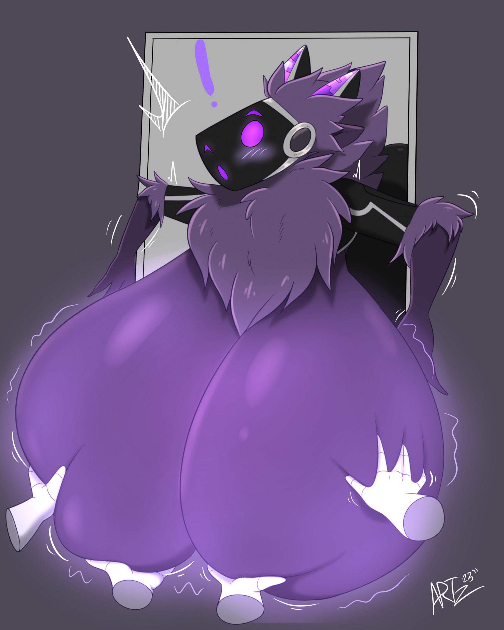 1girls, 2d, anthro, blush, breast expansion, breast growth, breast growth (enlargement), breasts, character request, doorway, exclamation mark, exclamation point, expansion, female, female only, glowing breasts, groping breasts, huge breasts, hyper breasts, protogen, purple body, solo, solo female, surprised, tagme, topless, zombieartz