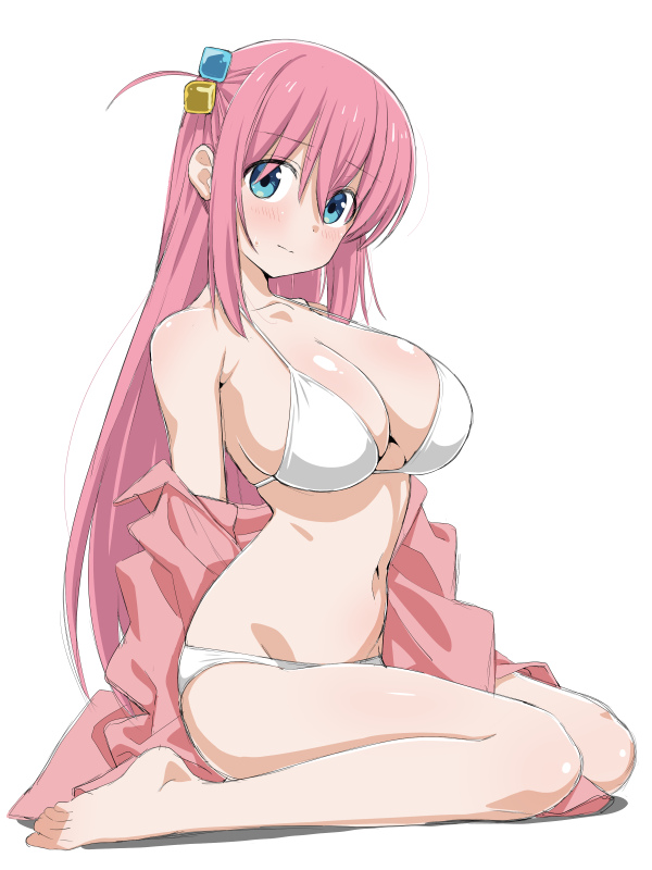 2d big_breasts bikini blue_eyes blush bocchi_the_rock! breasts chikuishi cleavage clothed clothing collarbone curvaceous curvy curvy_figure female gotou_hitori long_hair looking_at_viewer navel pink_hair sweat sweatdrop sweater white_bikini