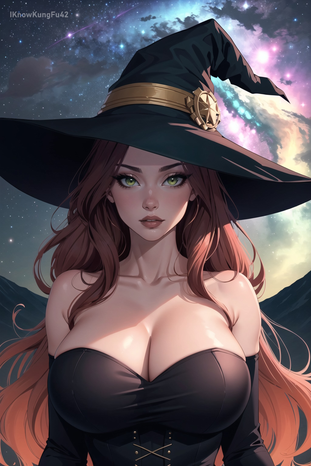 1girls ai_generated artist_name bare_shoulders big_breasts big_lips black_clothing black_dress breasts busty cleavage clothed clothing detailed_background dress elbow_gloves eyelashes female female_human female_only green_eyes hat human iknowkungfu42 large_breasts light-skinned_female light_skin lips long_hair looking_at_viewer night original original_character parted_lips red_hair red_lips sky solo thick_lips wavy_hair witch witch_hat