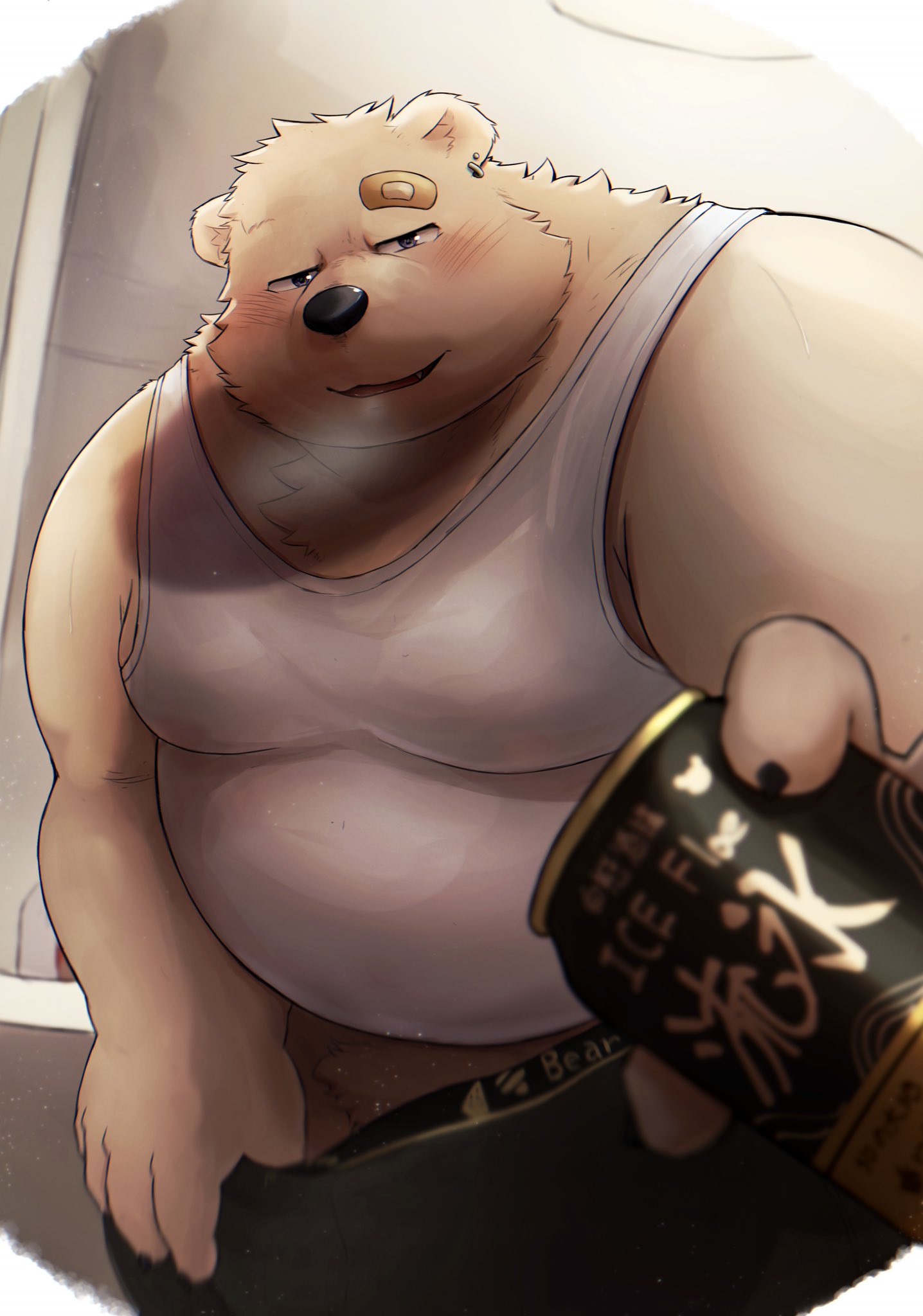 2023 anthro band-aid bandage barely_visible_genitalia barely_visible_penis bear belly big_belly black_nose blush can clothing container genitals hi_res kemono male mammal metaporin overweight overweight_male penis polar_bear shirt solo topwear underwear ursine