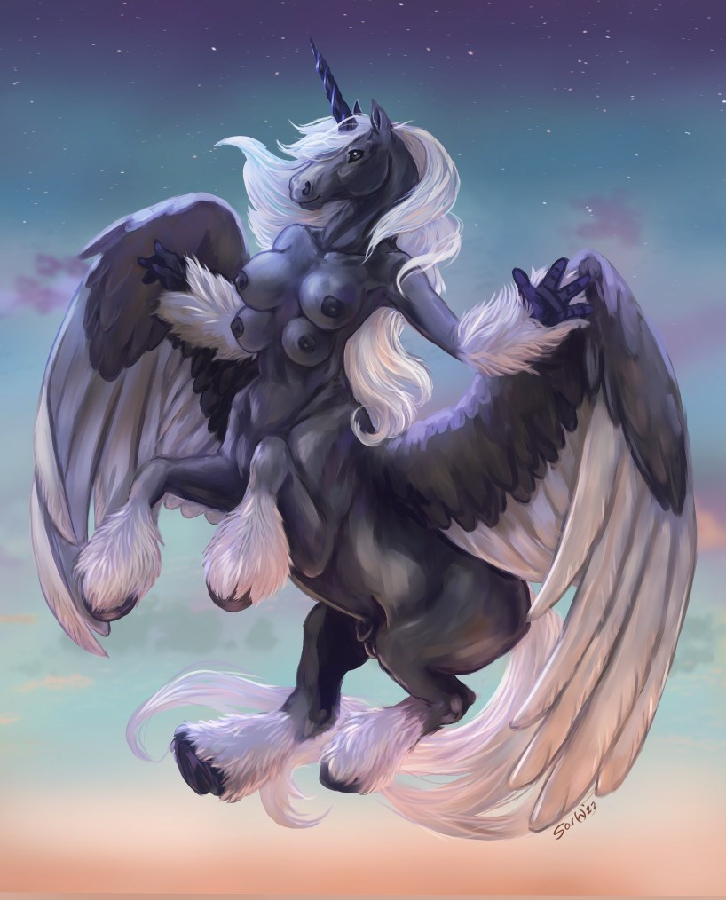 2023 4_fingers alicorn animal_genitalia anthro balls black_body black_feathers black_fur breasts caribou_(artist) centaur cloud equid equine feathered_wings feathers fingers fur furry genitals grey_eyes gynomorph horn intersex mammal multi_breast nipples nude pegasus pegasus_taur sheath sky solo star starry_sky taur unicorn_taur white_body white_feathers white_fur wings