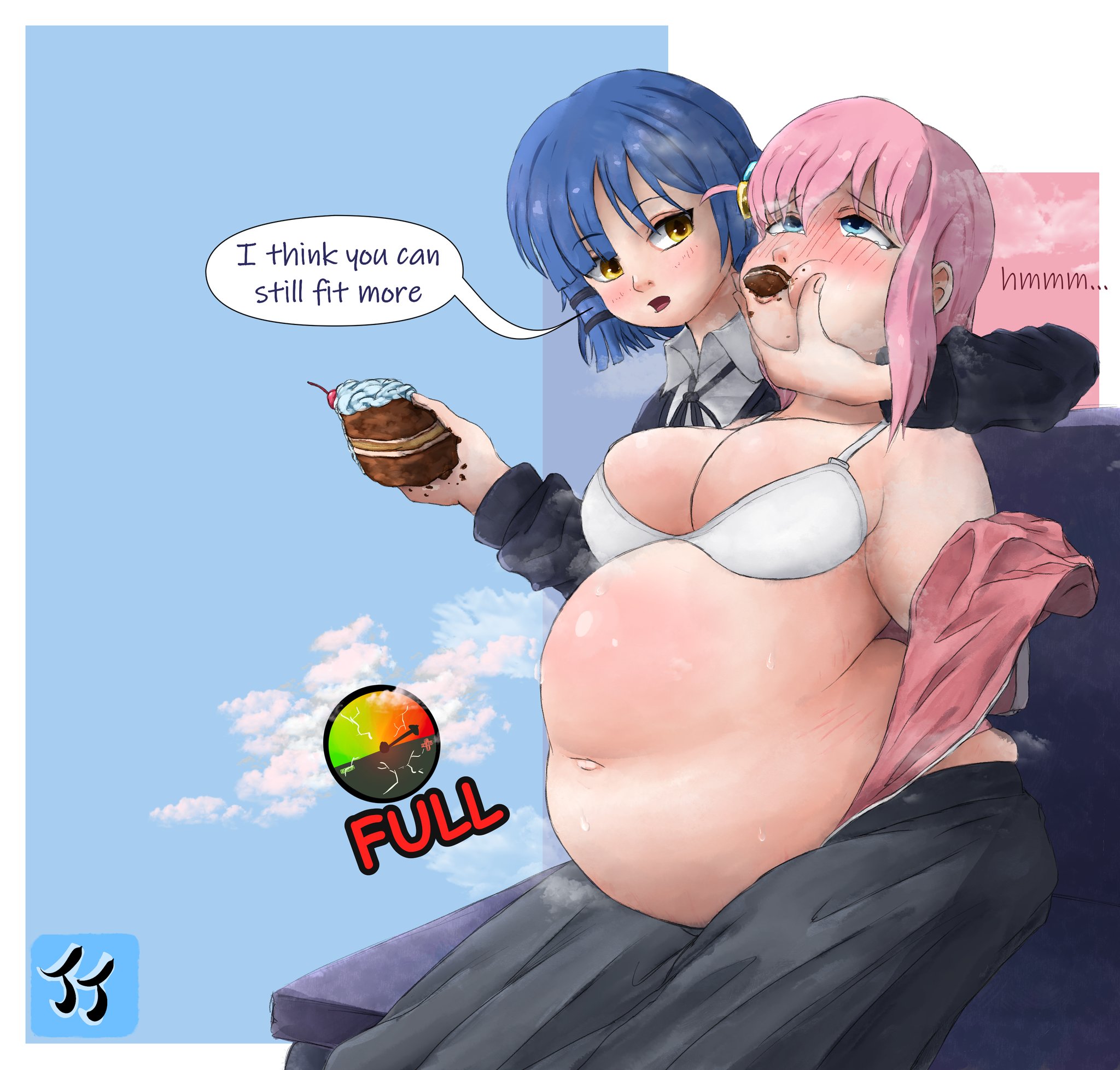 2d, about to burst, belly expansion, bloated, bloated belly, bloated stomach, bloated tummy, bocchi the rock!, female, gotou hitori, pressure gauge, stuffed belly, stuffing, yamada ryou